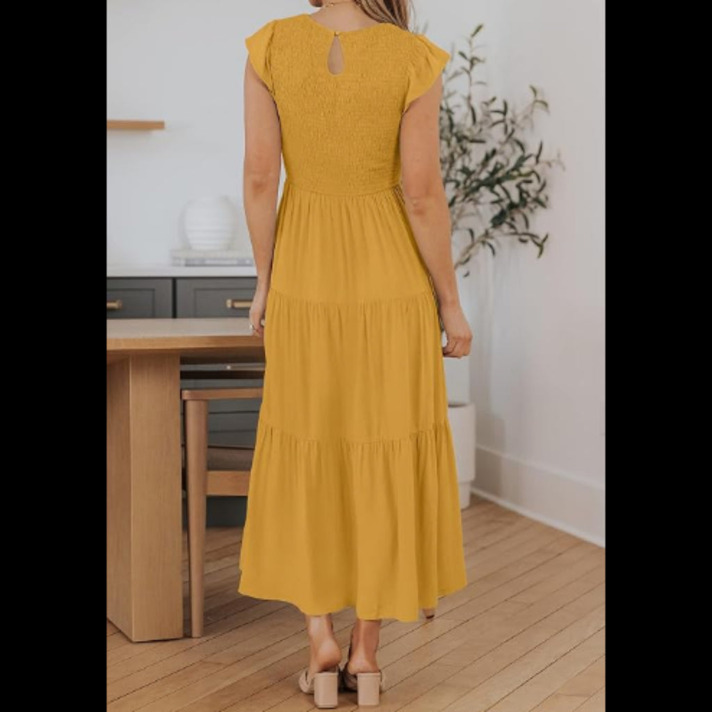 C12 - Women's Summer Casual Midi Dress Boho Flutter Sleeve Crew Neck Smocked Flowy Tiered A-Line Long Beach Dress