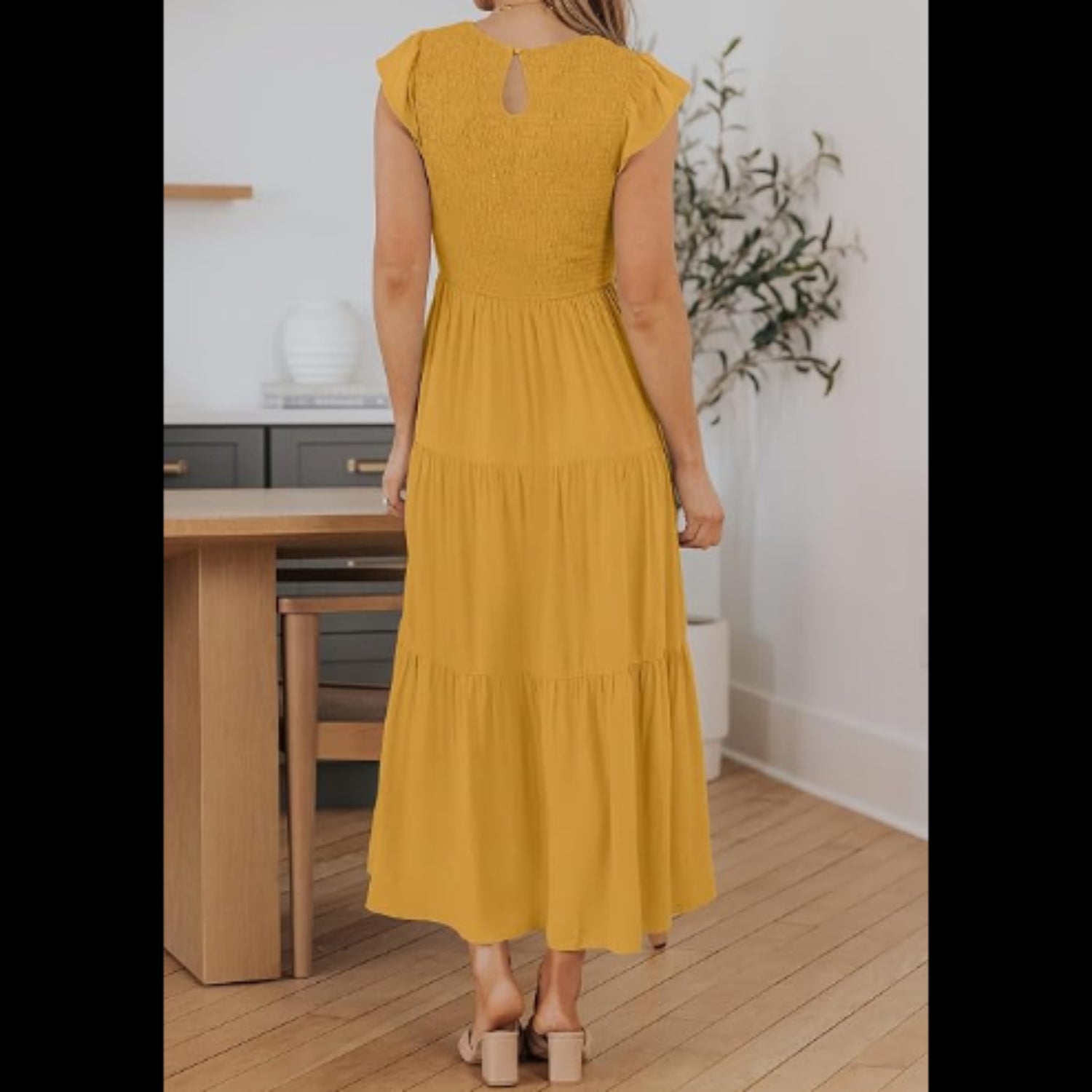 C12 - Women's Summer Casual Midi Dress Boho Flutter Sleeve Crew Neck Smocked Flowy Tiered A-Line Long Beach Dress
