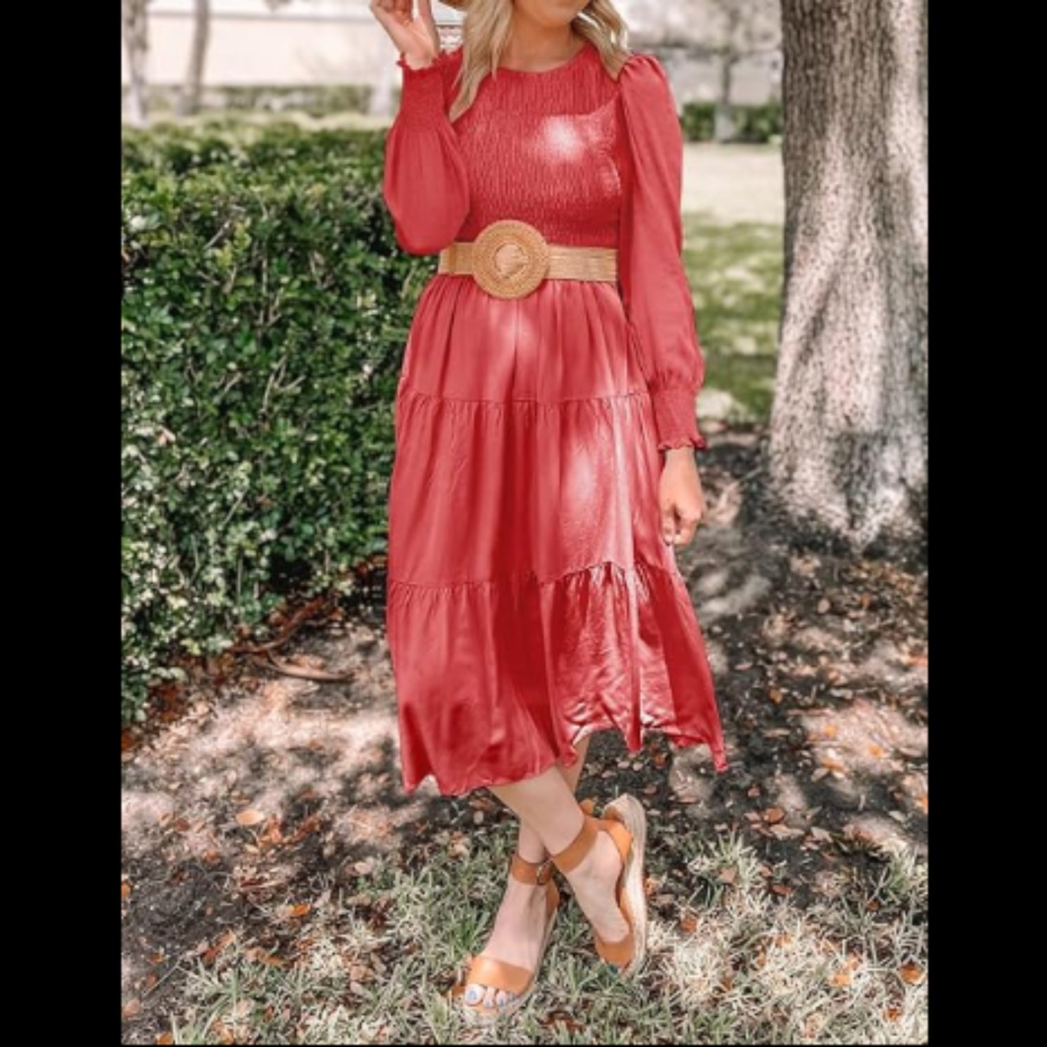 C18 - Women's Casual Long Sleeve Dress Crew Neck Smocked Flowy Tiered A-Line Pleated Midi Dress