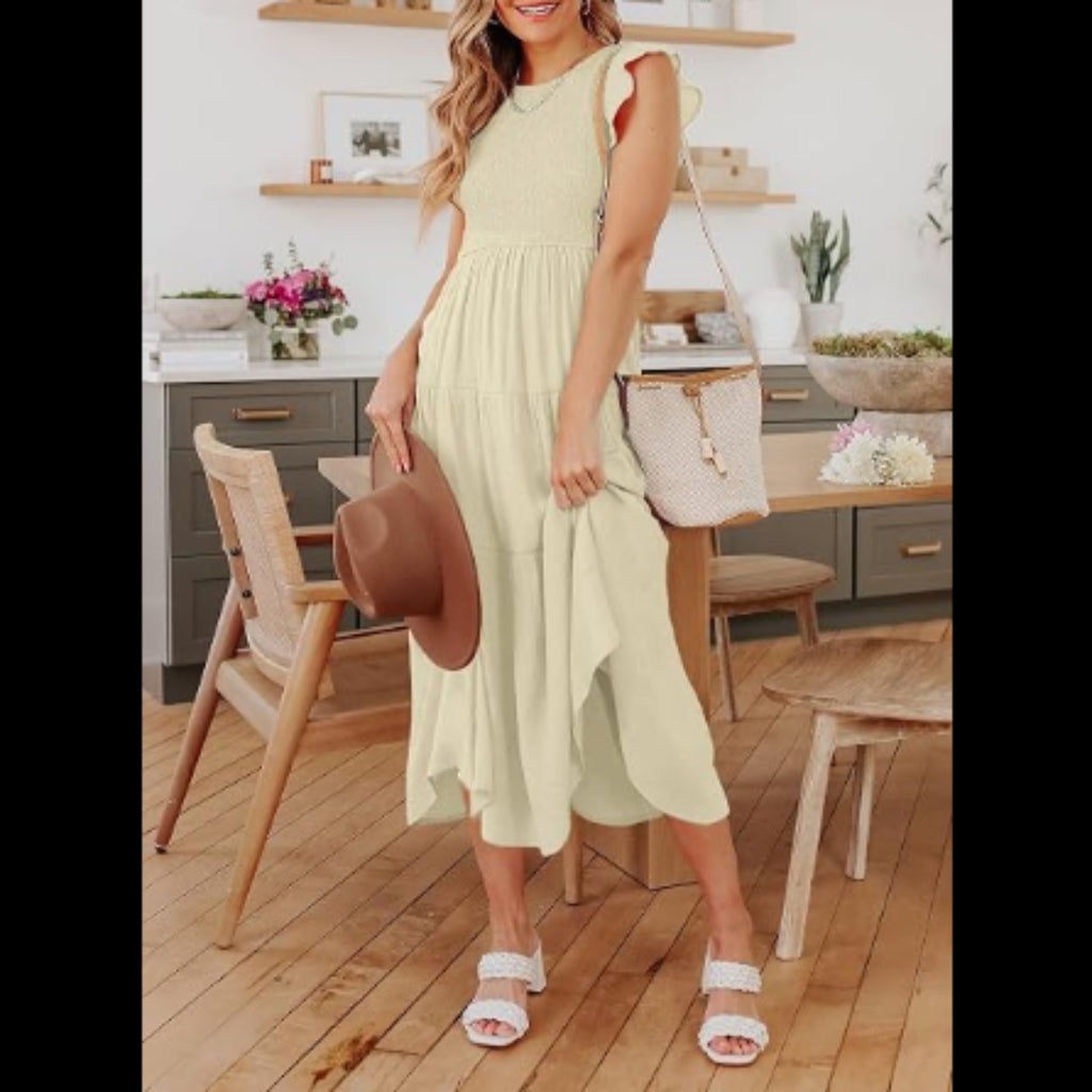 C19 - Summer Casual Midi Dress Boho Flutter Sleeve Crew Neck Smocked Flowy Tiered A-Line Long Beach Dress