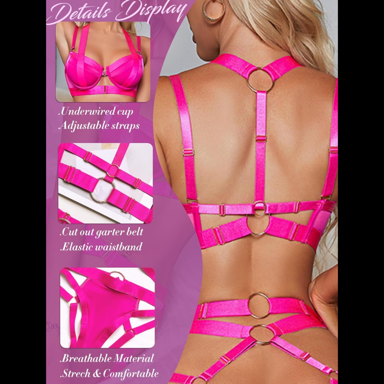C40 - Garter Lingerie for Women, Sexy Strappy Lingerie, Matching 4 Piece Lace Lingerie Sets with Underwire