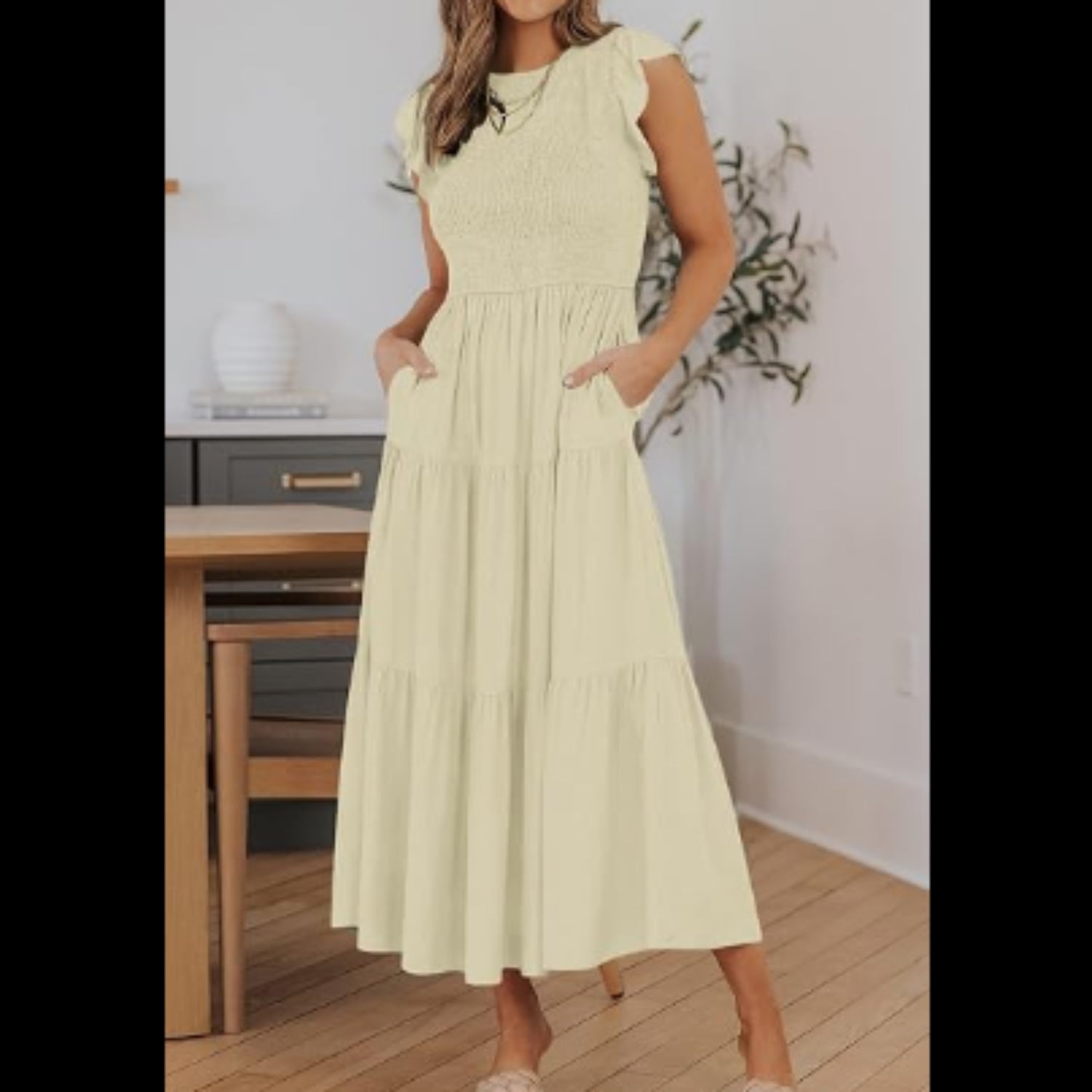 C19 - Summer Casual Midi Dress Boho Flutter Sleeve Crew Neck Smocked Flowy Tiered A-Line Long Beach Dress