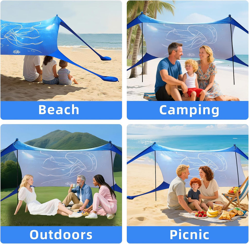 H8 - 3D Printing Beach Canopy Tent Sun Shade with UPF 50+ UV Protection, 7x6 FT Tent Sun Shelter Pop Up 2 Poles Outdoor Shelter for Beach, Camping, Fishing, Backyard and Picnics
