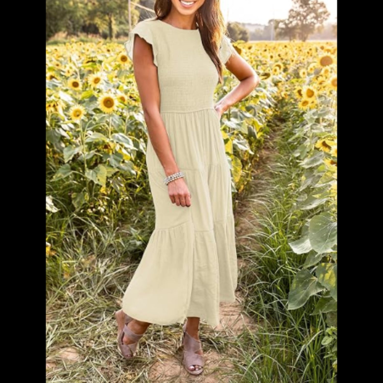 C19 - Summer Casual Midi Dress Boho Flutter Sleeve Crew Neck Smocked Flowy Tiered A-Line Long Beach Dress