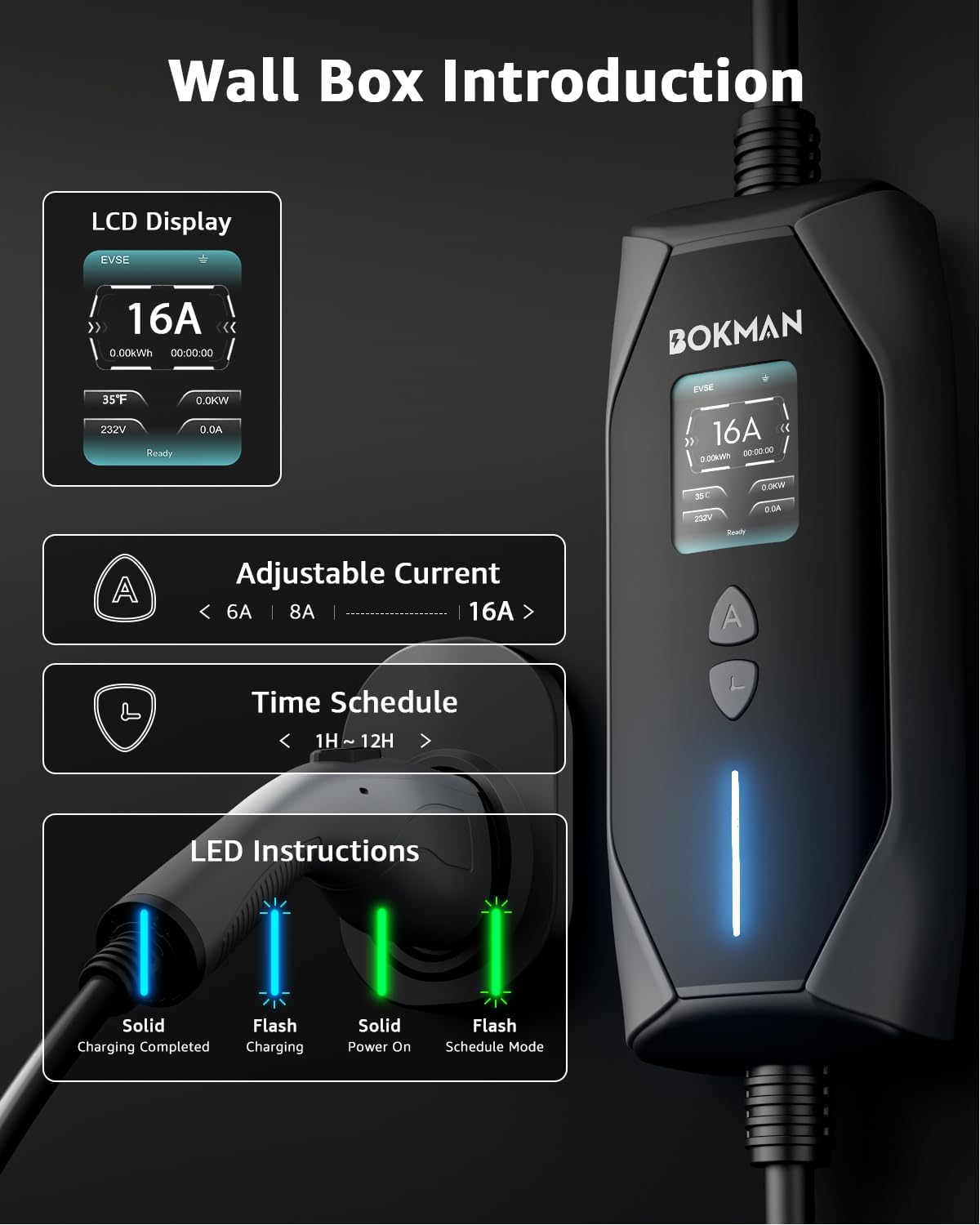 A109 - Bokman Portable Level 1&2 EV Charger, 16A 20ft, NEMA 6-20P/5-15 Adapter