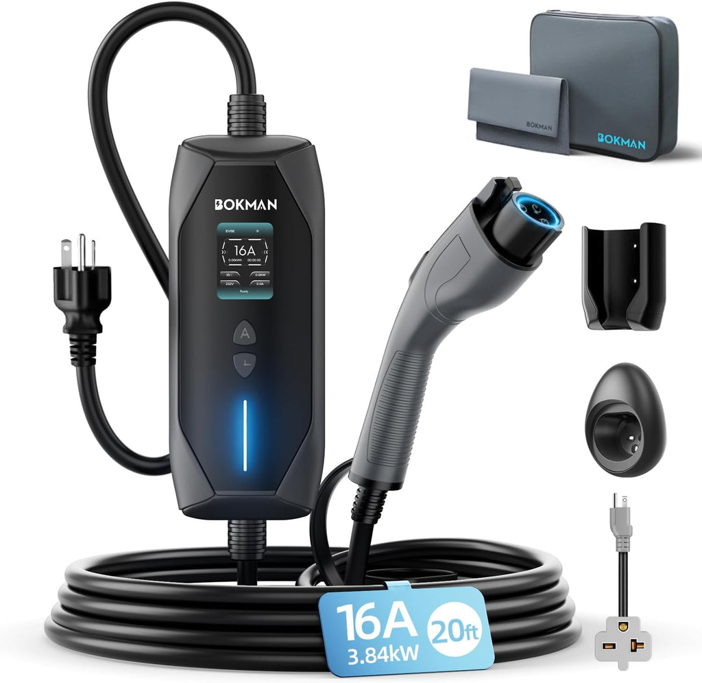 A109 - Bokman Portable Level 1&2 EV Charger, 16A 20ft, NEMA 6-20P/5-15 Adapter