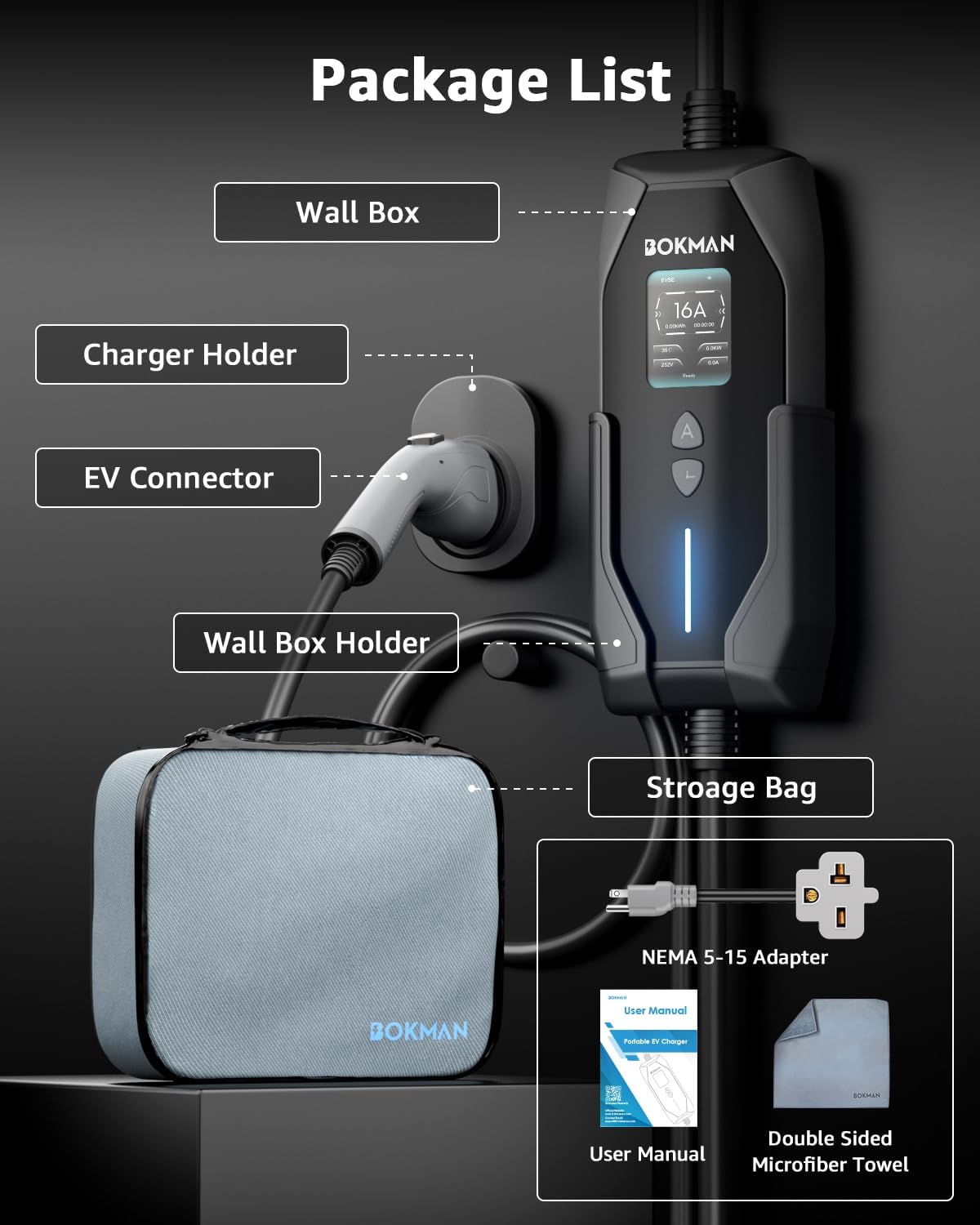 A109 - Bokman Portable Level 1&2 EV Charger, 16A 20ft, NEMA 6-20P/5-15 Adapter