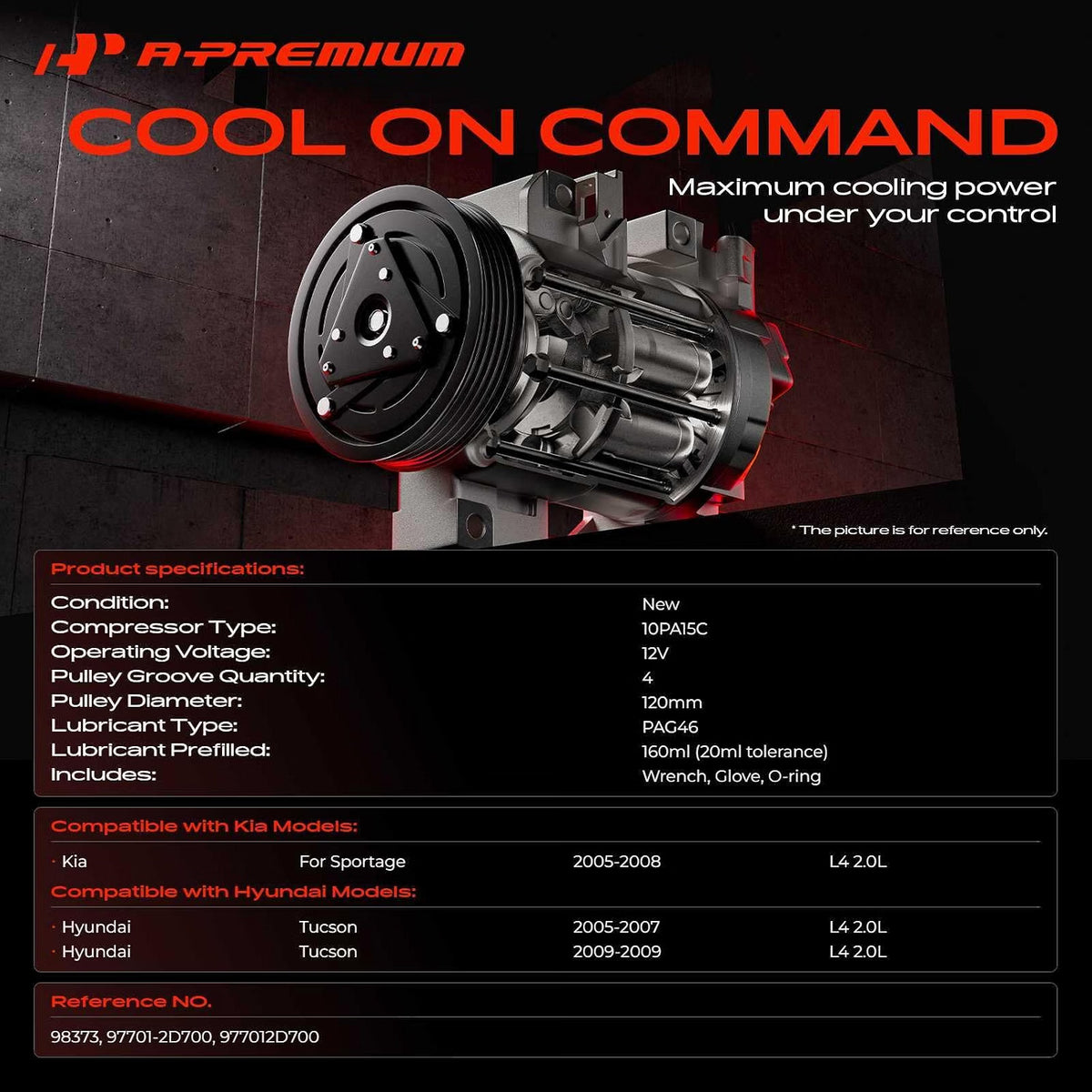 A62 - A-Premium A/C Compressor with Clutch for Hyundai Tucson (05-07/09) and Kia Sportage (05-08) 2.0L