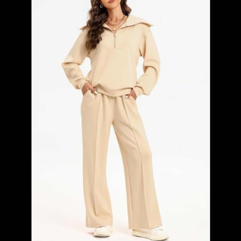 C32 - Aleumdr Two Piece Outfits Half Zip Sweatshirt Sweatsuit Lounge Sets for Women Matching Set Wide Leg Sweatpants Tracksuit