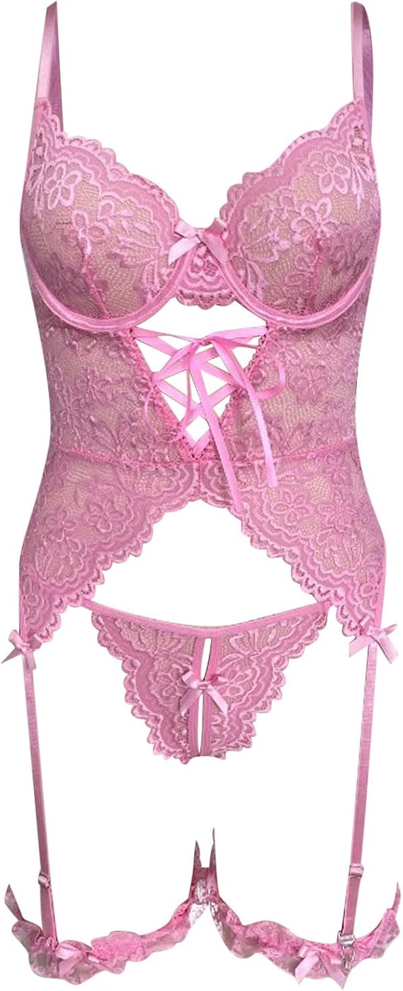 C33 - Floral Lace Underwire Garter Corset Lingerie Set With 1pair Leg Ring