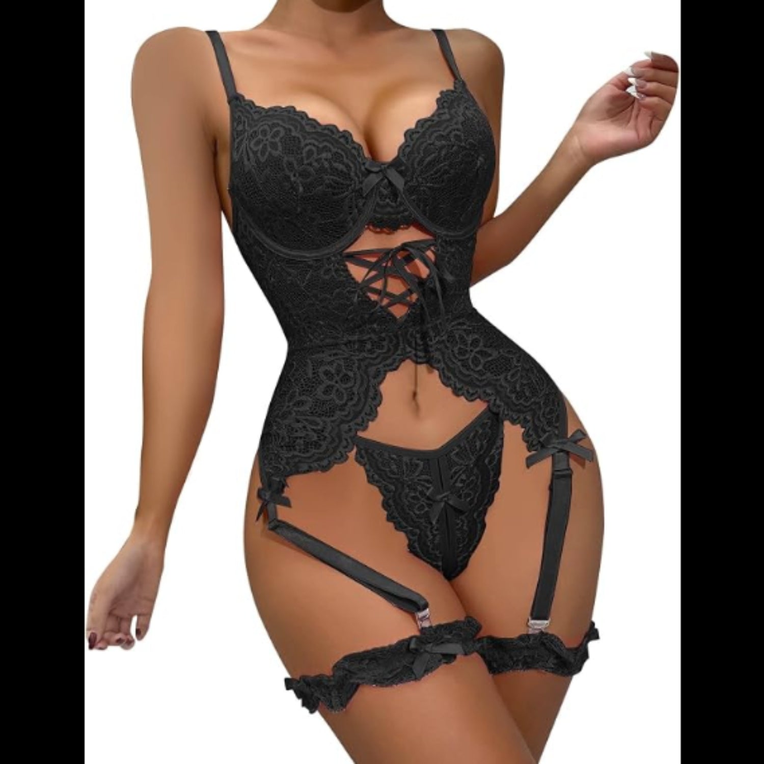C33 - Floral Lace Underwire Garter Corset Lingerie Set With 1pair Leg Ring
