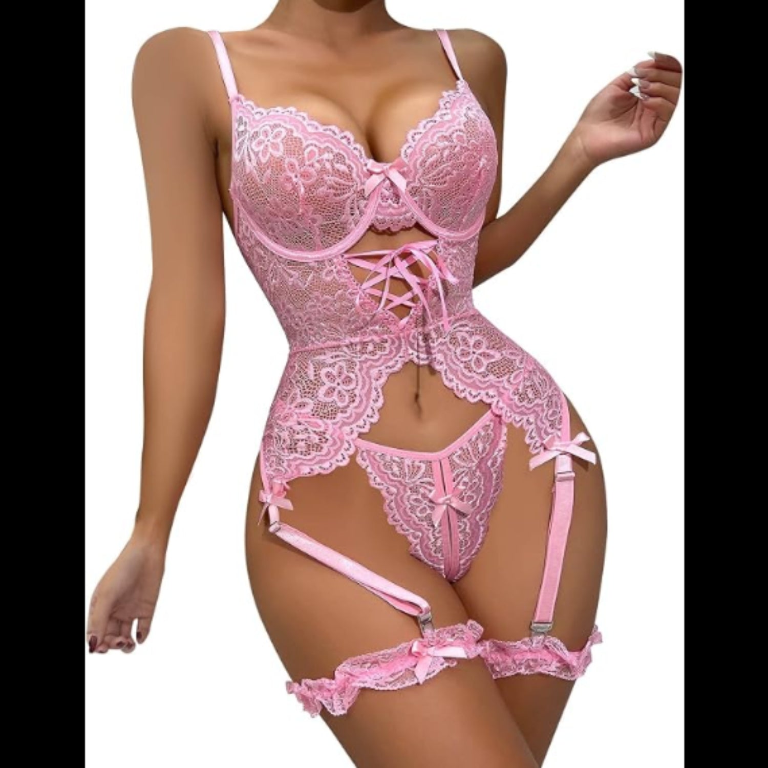 C33 - Floral Lace Underwire Garter Corset Lingerie Set With 1pair Leg Ring