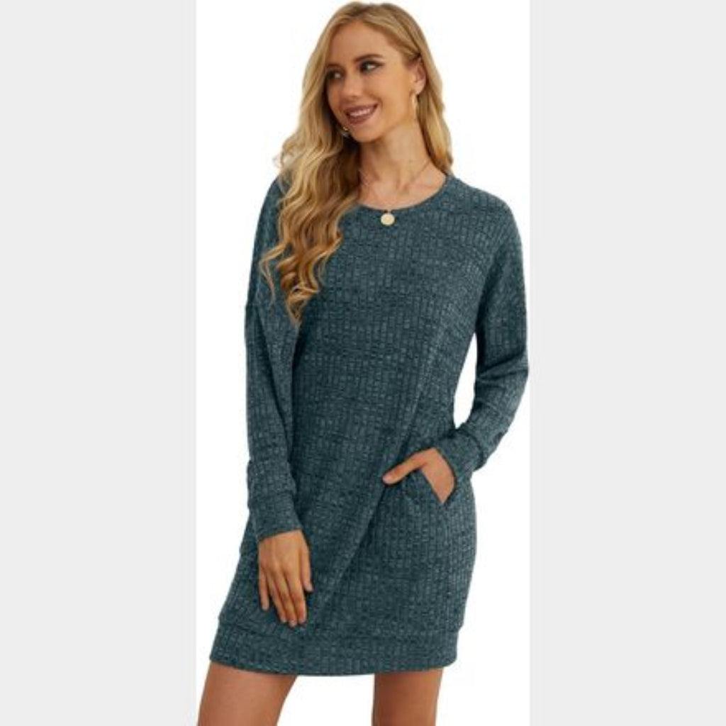 C34 - PrinStory Women's Long Sleeves Dresses Casual Loose Round-Neck Tunic Tops Basic Dress with Side Pockets