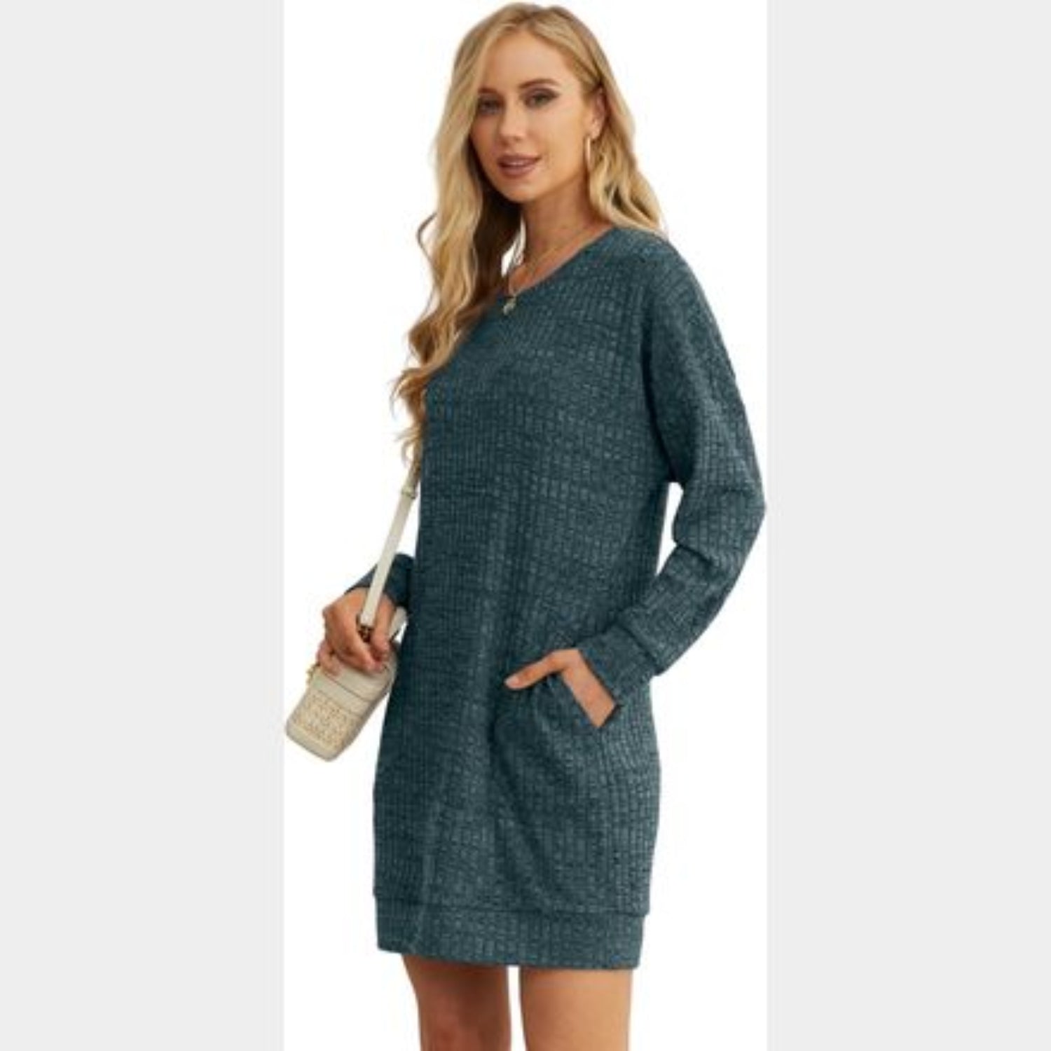 C34 - PrinStory Women's Long Sleeves Dresses Casual Loose Round-Neck Tunic Tops Basic Dress with Side Pockets