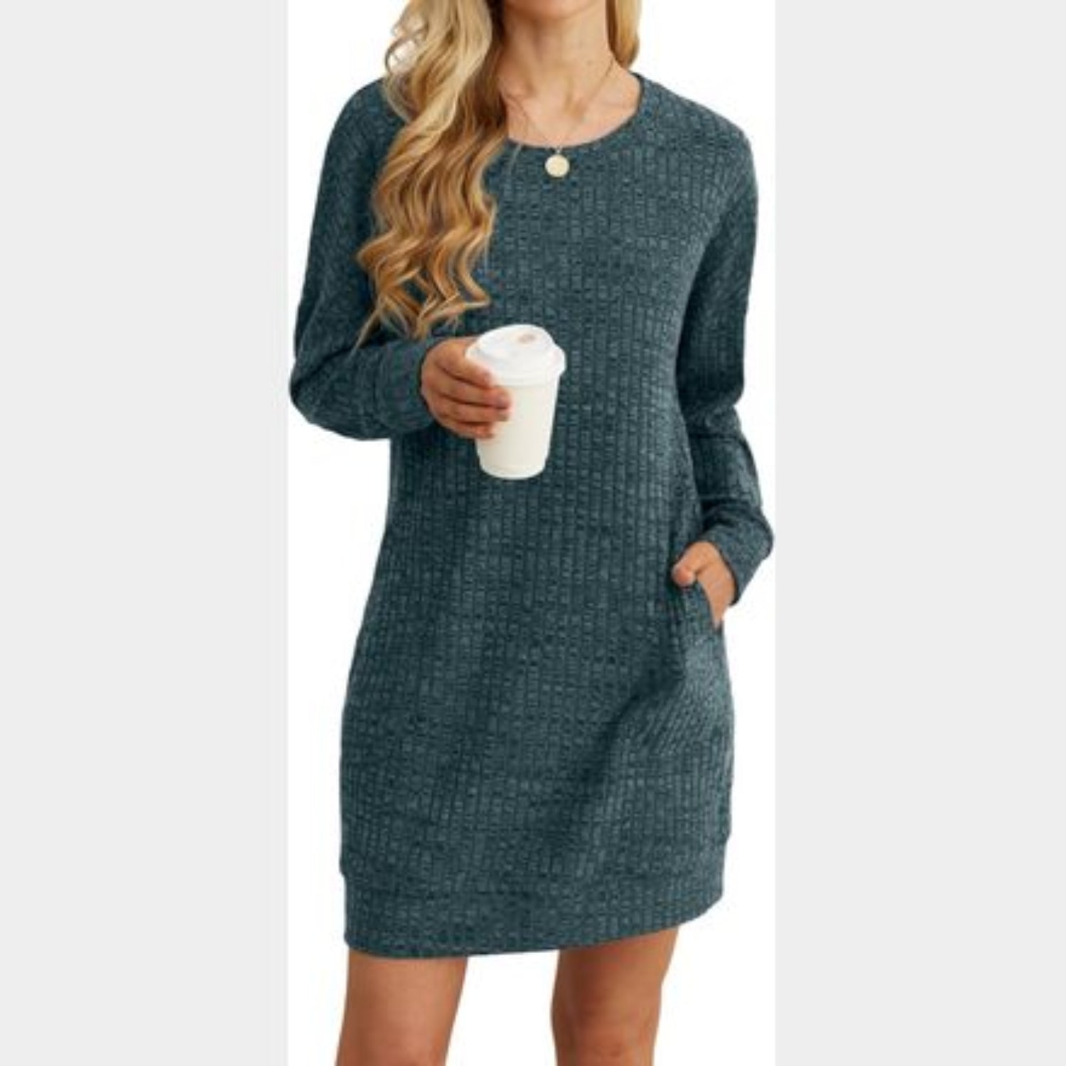C34 - PrinStory Women's Long Sleeves Dresses Casual Loose Round-Neck Tunic Tops Basic Dress with Side Pockets