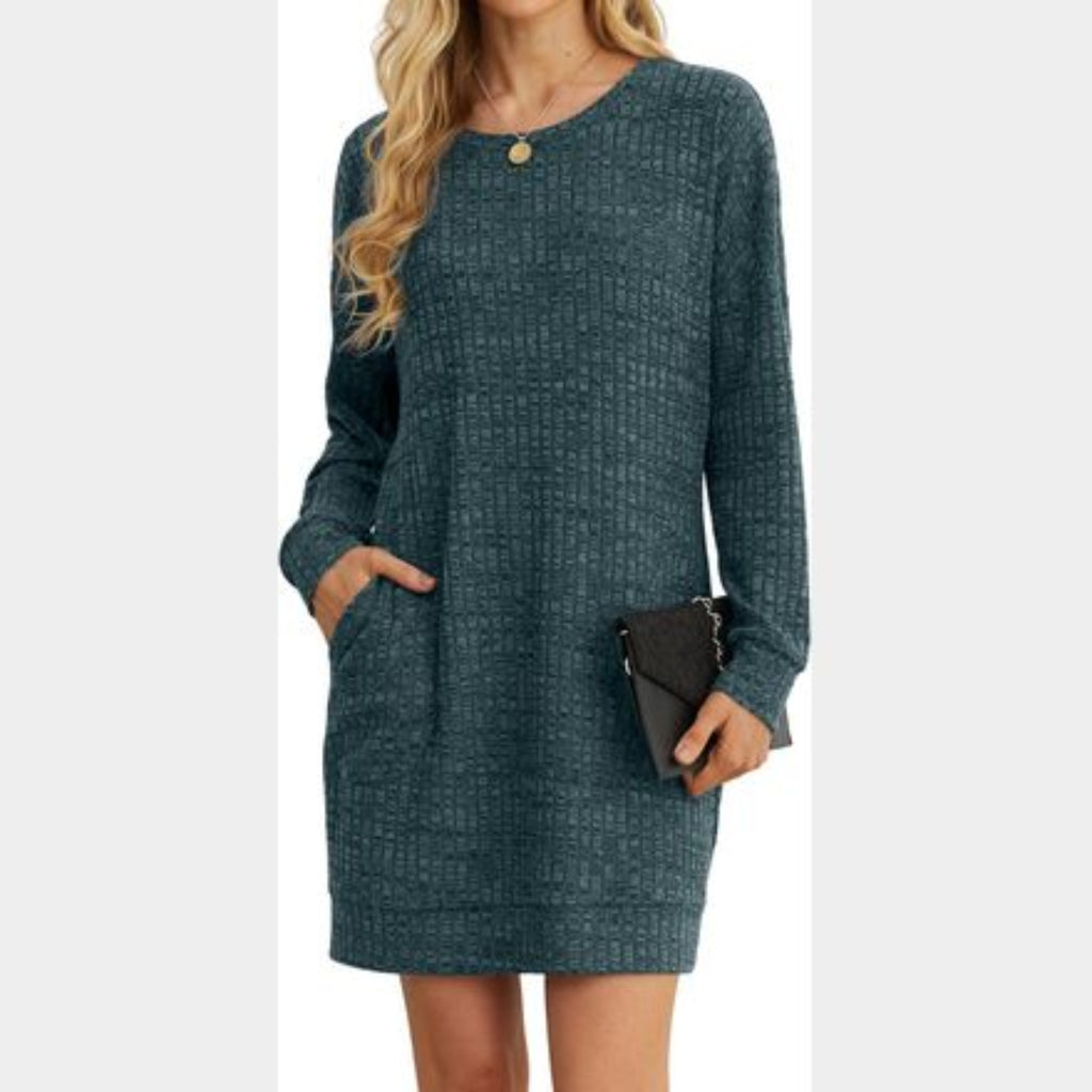 C34 - PrinStory Women's Long Sleeves Dresses Casual Loose Round-Neck Tunic Tops Basic Dress with Side Pockets