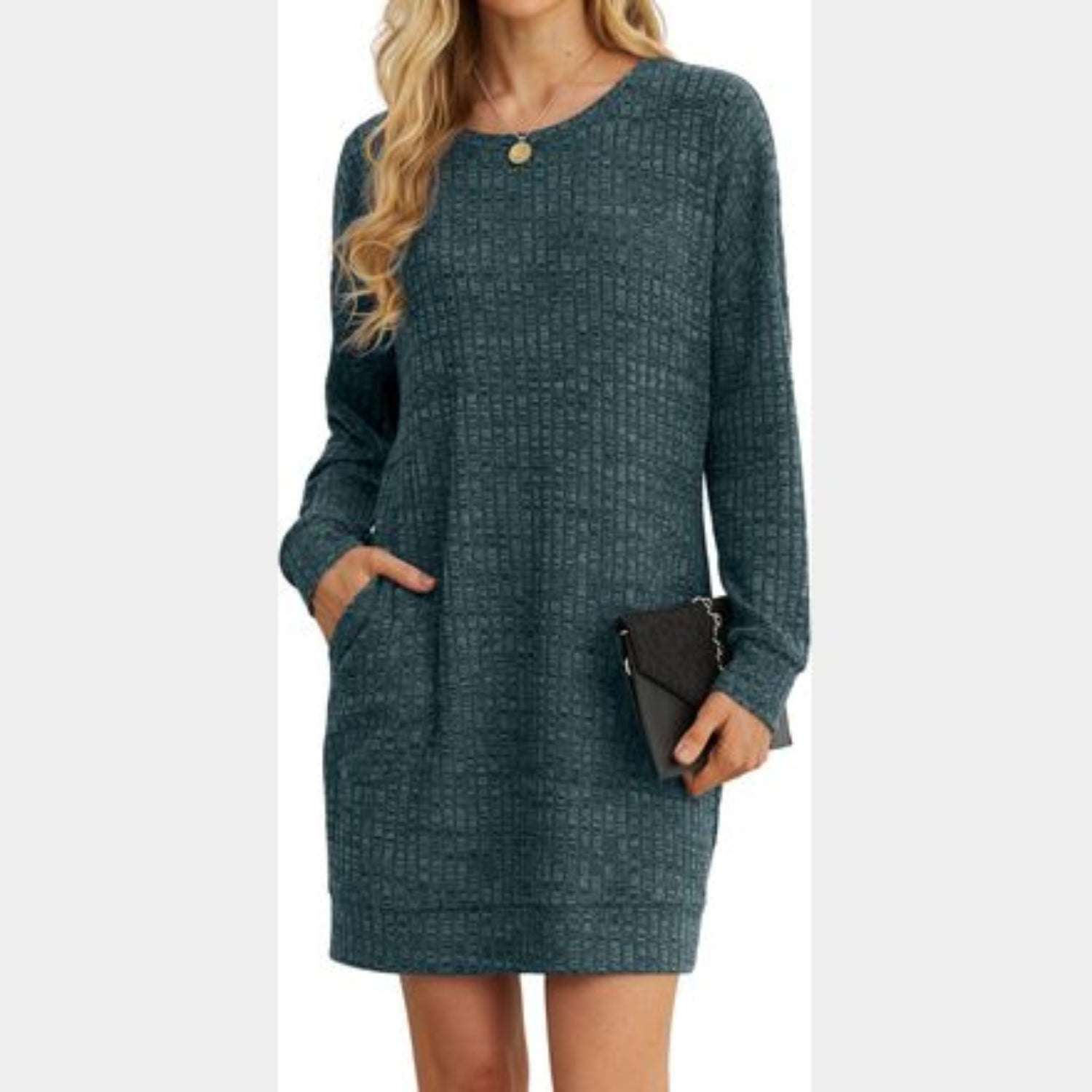 C34 - PrinStory Women's Long Sleeves Dresses Casual Loose Round-Neck Tunic Tops Basic Dress with Side Pockets
