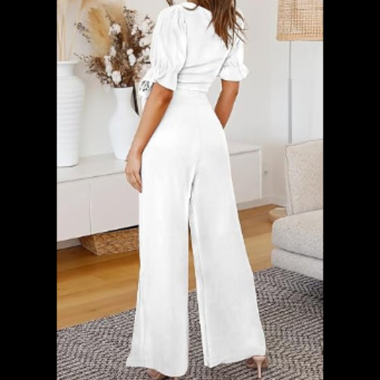 C43 - FANCYINN Womens Summer 2 Pieses Outfits Deep V Neck Short Puff Sleeves Crop Tops Cross Wrap Tie Split Side Wide Leg Pants Set