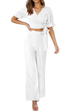 C43 - FANCYINN Womens Summer 2 Pieses Outfits Deep V Neck Short Puff Sleeves Crop Tops Cross Wrap Tie Split Side Wide Leg Pants Set