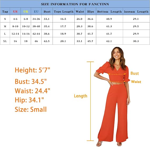 C43 - FANCYINN Womens Summer 2 Pieses Outfits Deep V Neck Short Puff Sleeves Crop Tops Cross Wrap Tie Split Side Wide Leg Pants Set