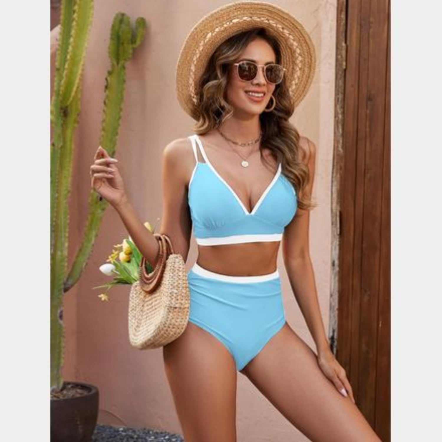 C44 - EDELQUAL WOMEN HIGH WAISTED BIKINI SETS TWO PIECE SWIMSUITS FULL COVERAGE BATHING SWIM SUIT COLOR BLOCK CHEEKY SWIMWEAR