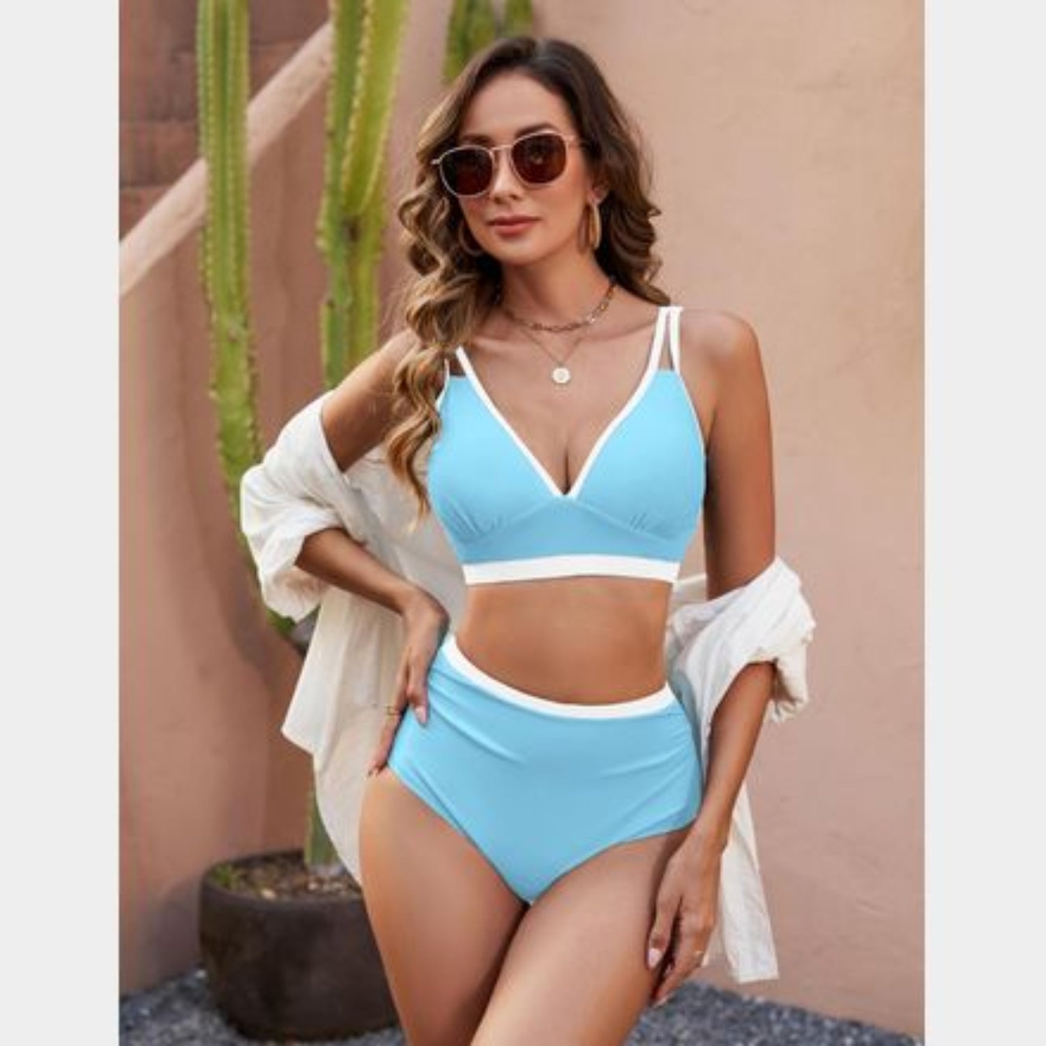 C44 - EDELQUAL WOMEN HIGH WAISTED BIKINI SETS TWO PIECE SWIMSUITS FULL COVERAGE BATHING SWIM SUIT COLOR BLOCK CHEEKY SWIMWEAR