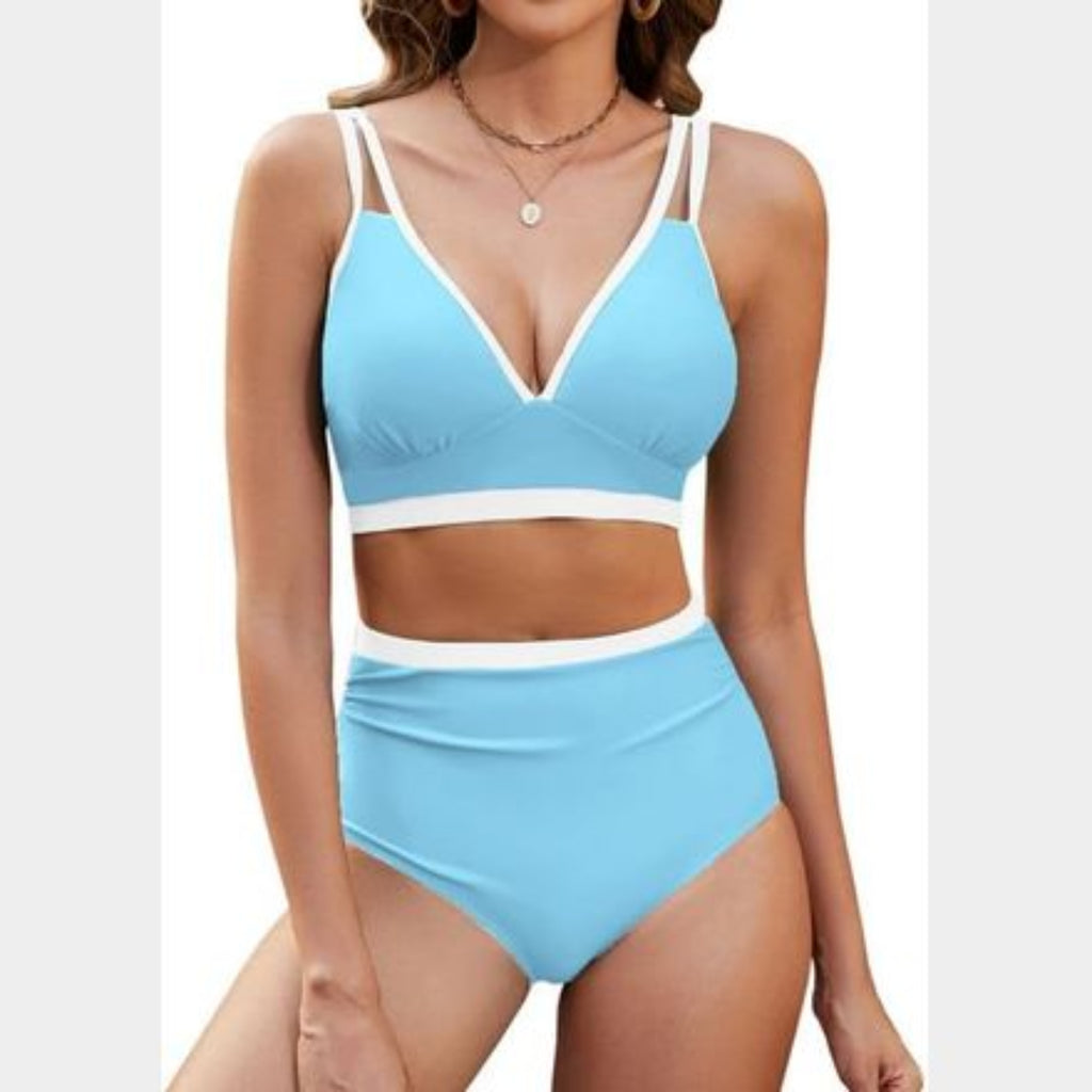 C44 - EDELQUAL WOMEN HIGH WAISTED BIKINI SETS TWO PIECE SWIMSUITS FULL COVERAGE BATHING SWIM SUIT COLOR BLOCK CHEEKY SWIMWEAR