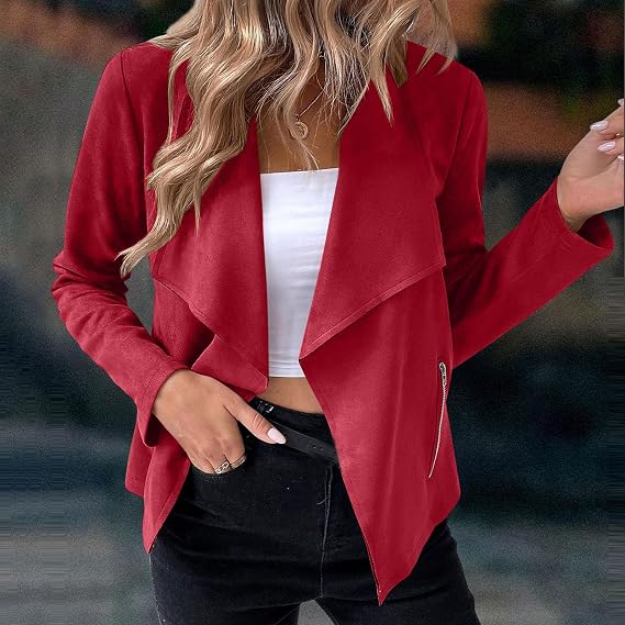 C48 - Womens Faux Suede Jackets Open Front Cardigan Cropped Casual Blazer Jacket Fashion Office Long Sleeve Plus Size Outwear