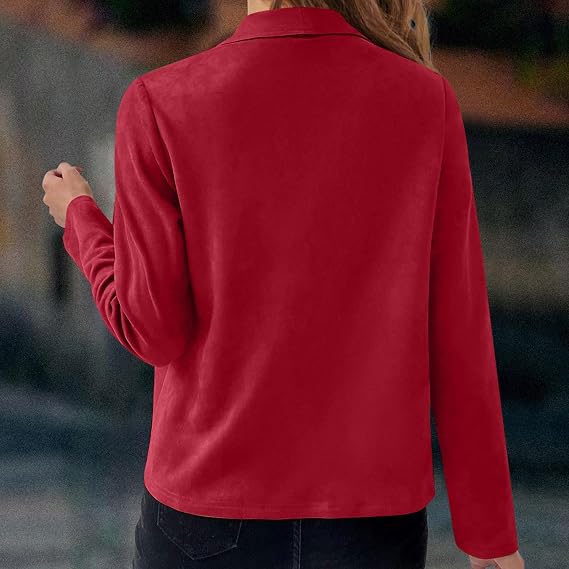 C48 - Womens Faux Suede Jackets Open Front Cardigan Cropped Casual Blazer Jacket Fashion Office Long Sleeve Plus Size Outwear