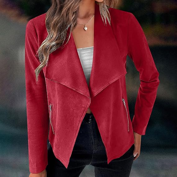 C48 - Womens Faux Suede Jackets Open Front Cardigan Cropped Casual Blazer Jacket Fashion Office Long Sleeve Plus Size Outwear