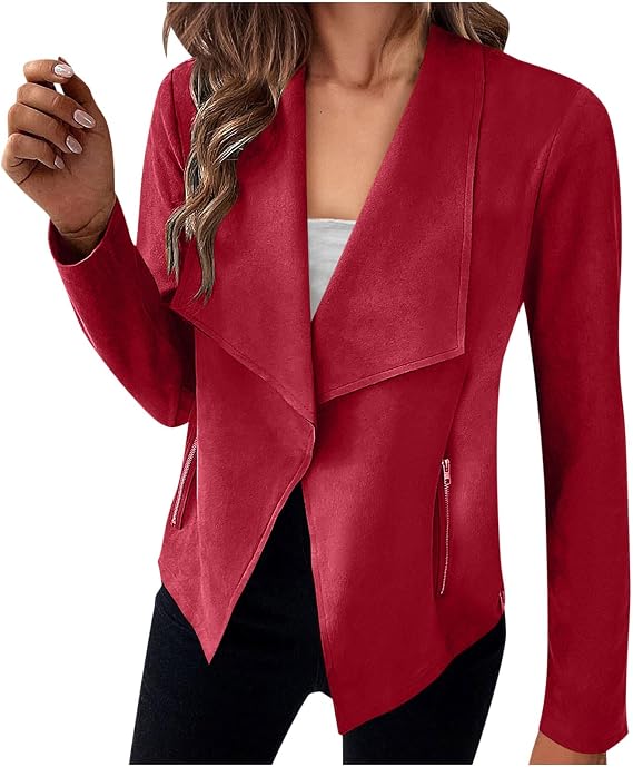 C48 - Womens Faux Suede Jackets Open Front Cardigan Cropped Casual Blazer Jacket Fashion Office Long Sleeve Plus Size Outwear
