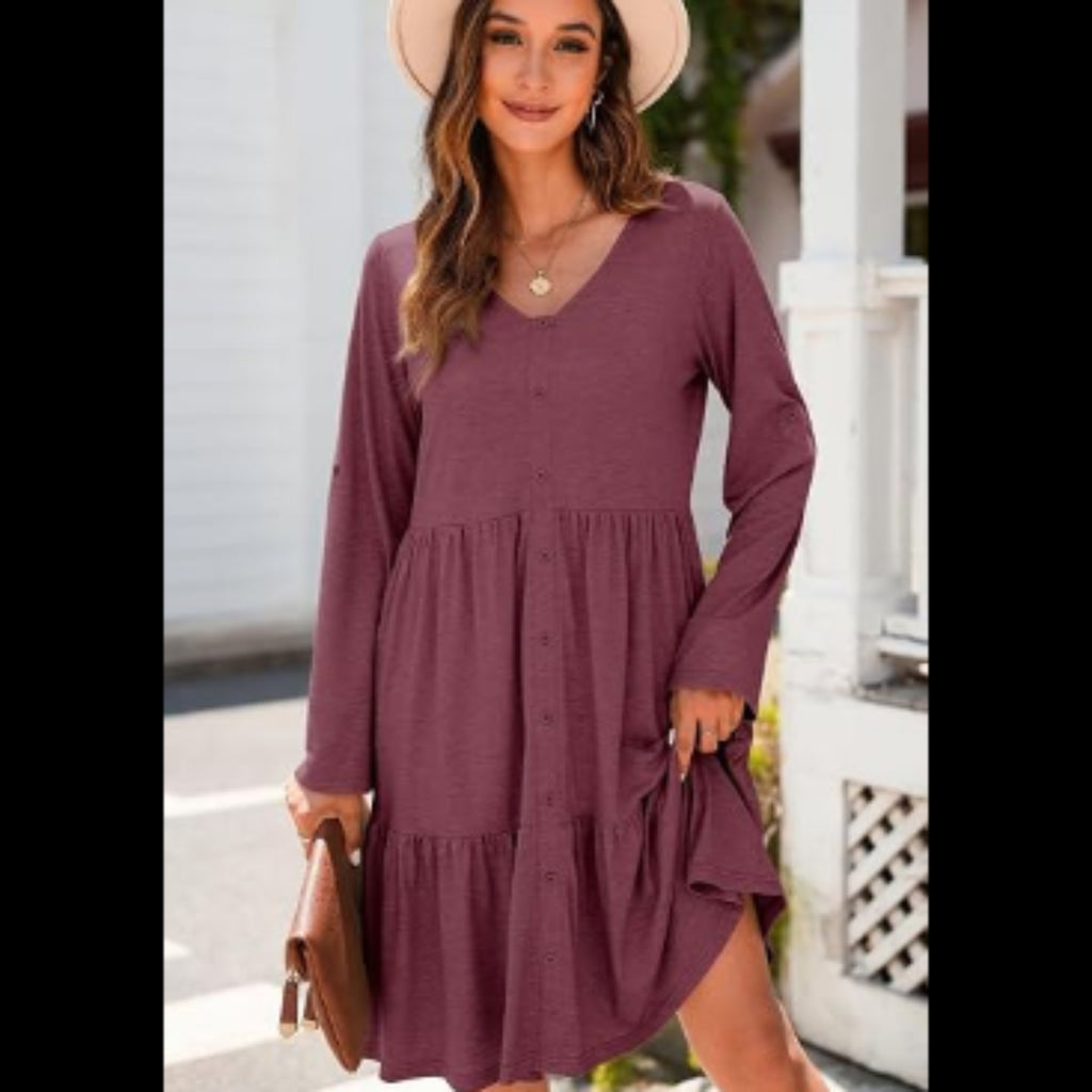 C50 - Dokotoo Fall Dresses for Women 2025 V Neck Button Up Long Sleeve Empire Waist Ruffle Tiered Mini Dress with Pockets