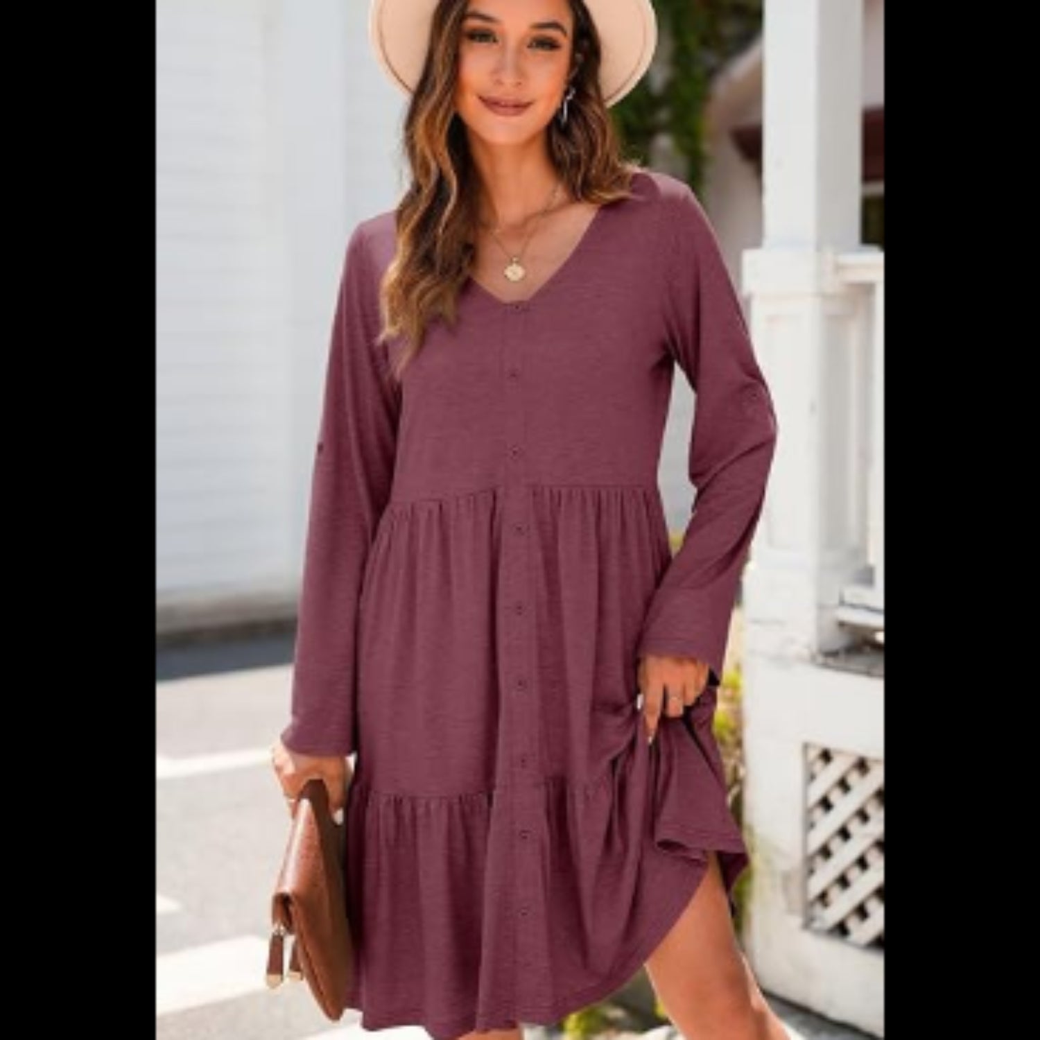 C50 - Dokotoo Fall Dresses for Women 2025 V Neck Button Up Long Sleeve Empire Waist Ruffle Tiered Mini Dress with Pockets