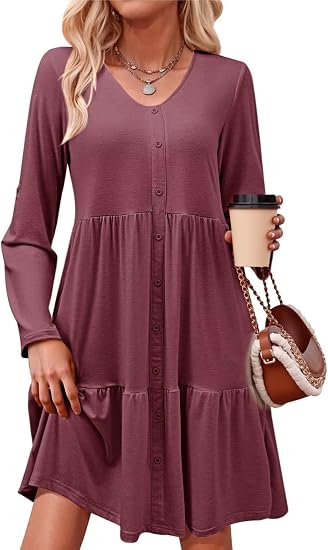 C50 - Dokotoo Fall Dresses for Women 2025 V Neck Button Up Long Sleeve Empire Waist Ruffle Tiered Mini Dress with Pockets