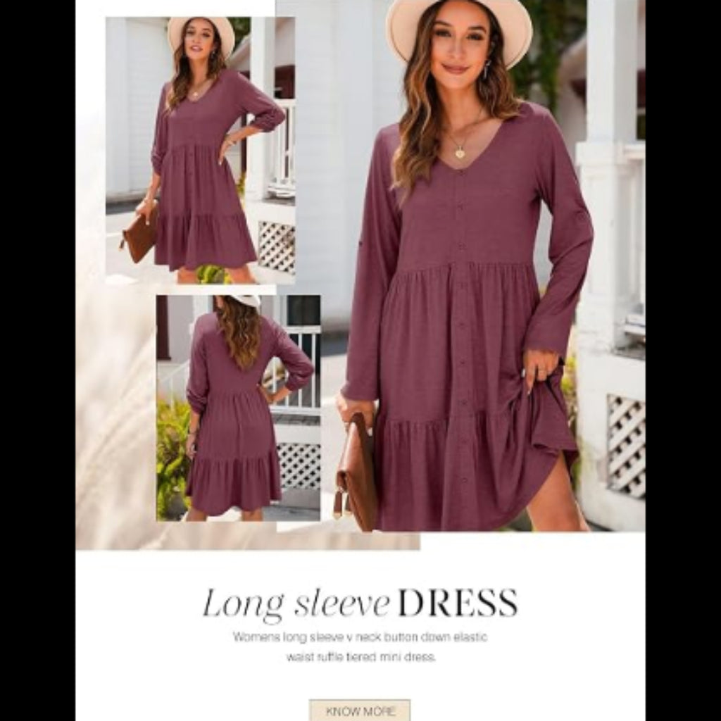 C50 - Dokotoo Fall Dresses for Women 2025 V Neck Button Up Long Sleeve Empire Waist Ruffle Tiered Mini Dress with Pockets
