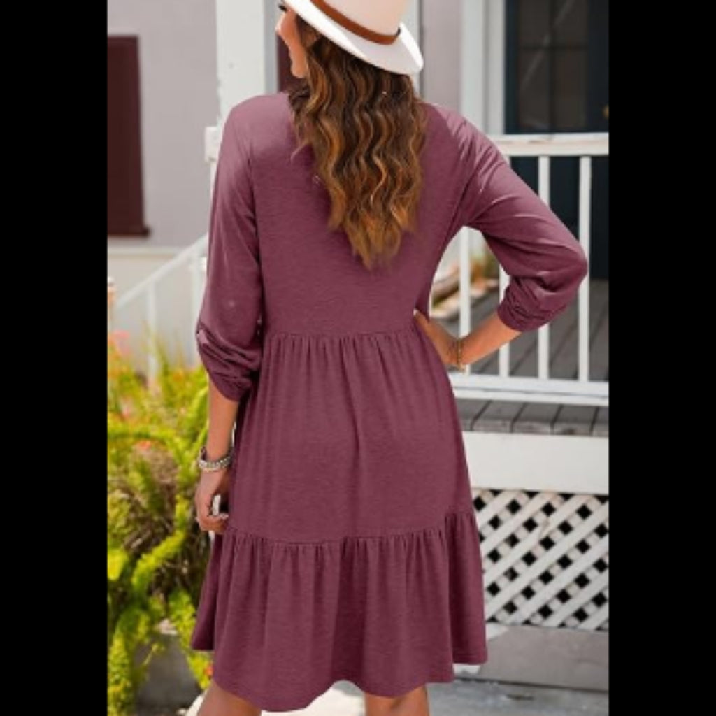 C50 - Dokotoo Fall Dresses for Women 2025 V Neck Button Up Long Sleeve Empire Waist Ruffle Tiered Mini Dress with Pockets