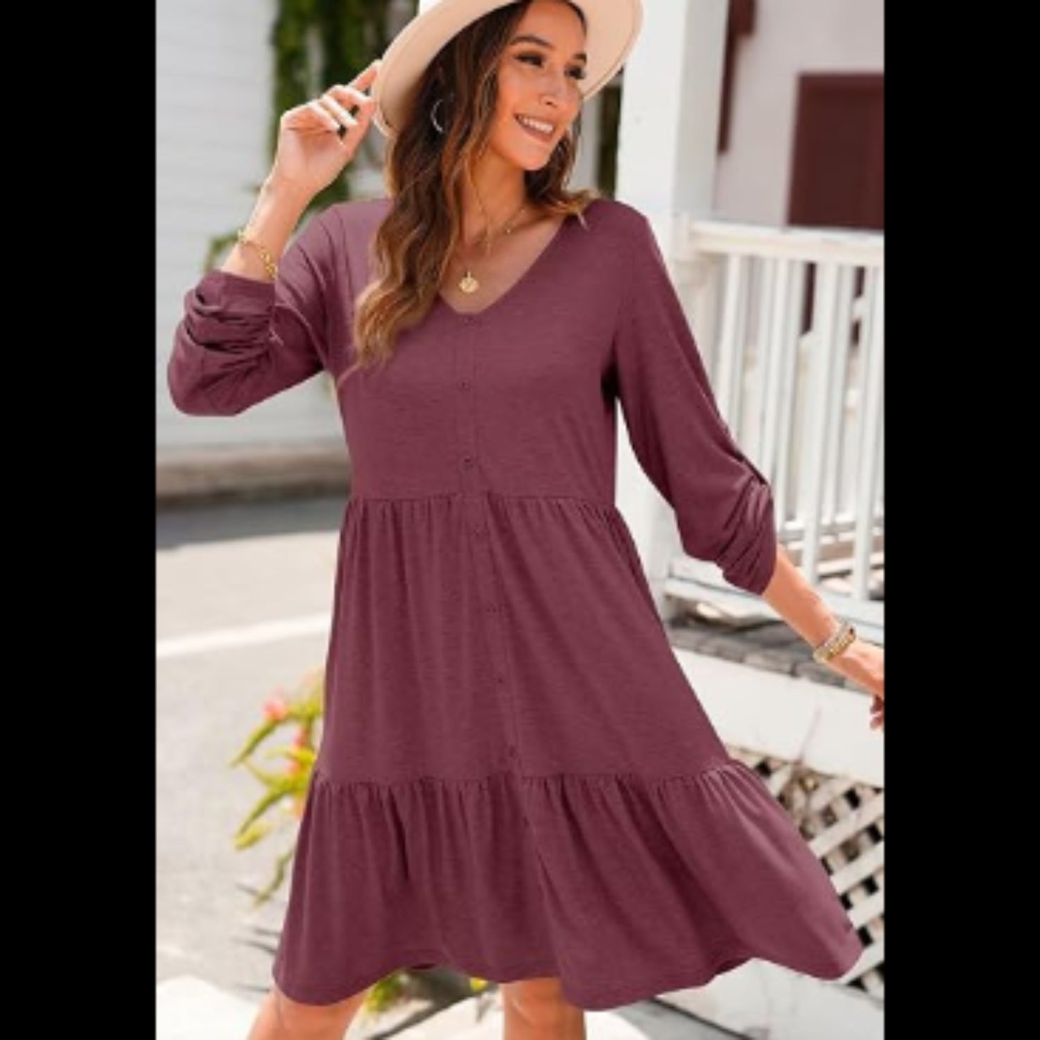 C50 - Dokotoo Fall Dresses for Women 2025 V Neck Button Up Long Sleeve Empire Waist Ruffle Tiered Mini Dress with Pockets