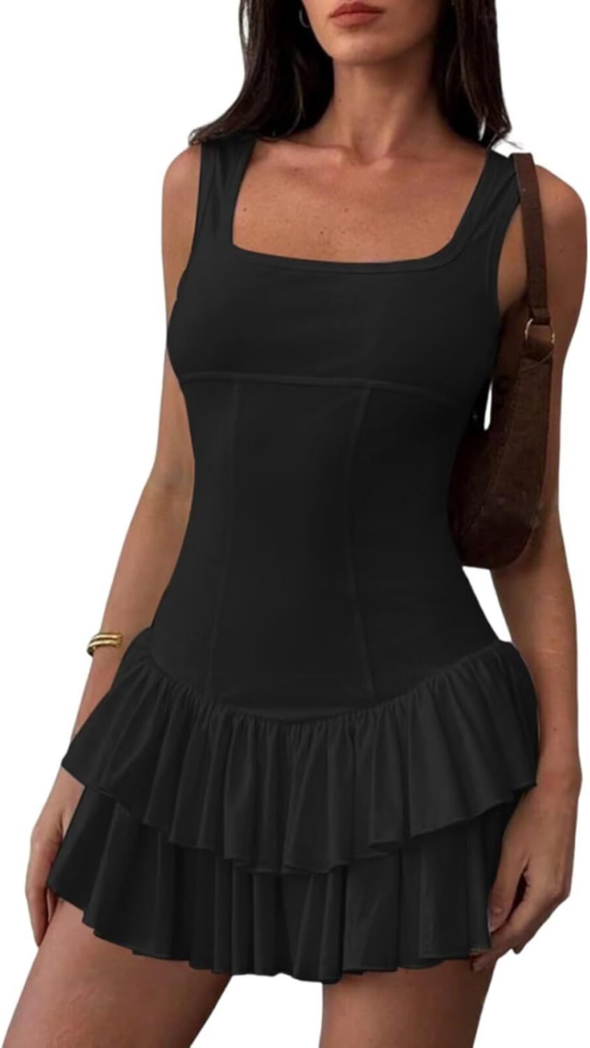 C52 - WOMEN'S SUMMER RUFFLE MINI DRESS SEXY SQUARE NECK SLEEVELESS TANK DRESS PARTY CLUB BODYCON SHORT DRESSES