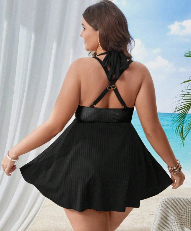 C55 - Swim Lushoire Plus Size Women Holiday Solid Color Cross Chest Strap Tank Top Swimsuit Summer