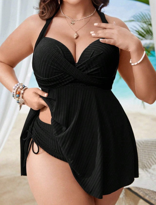 C55 - Swim Lushoire Plus Size Women Holiday Solid Color Cross Chest Strap Tank Top Swimsuit Summer