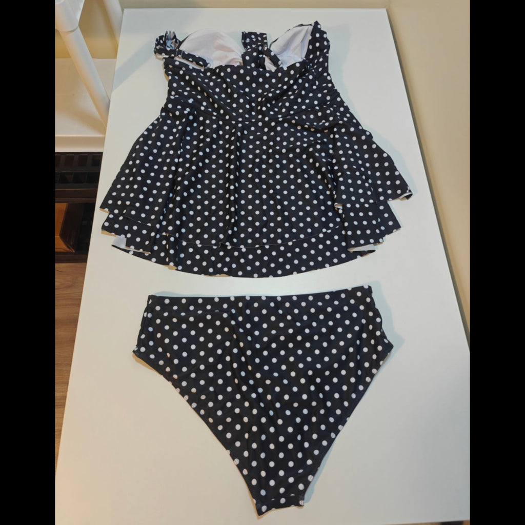 C56 - Swim Mod Plus Size Women's 2-Piece Black Polka Dot Ruched Ruffled Bikini High Waist Skirt Swimsuit, Summer, Beach Holiday Modest Separate
