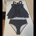 C56 - Swim Mod Plus Size Women's 2-Piece Black Polka Dot Ruched Ruffled Bikini High Waist Skirt Swimsuit, Summer, Beach Holiday Modest Separate