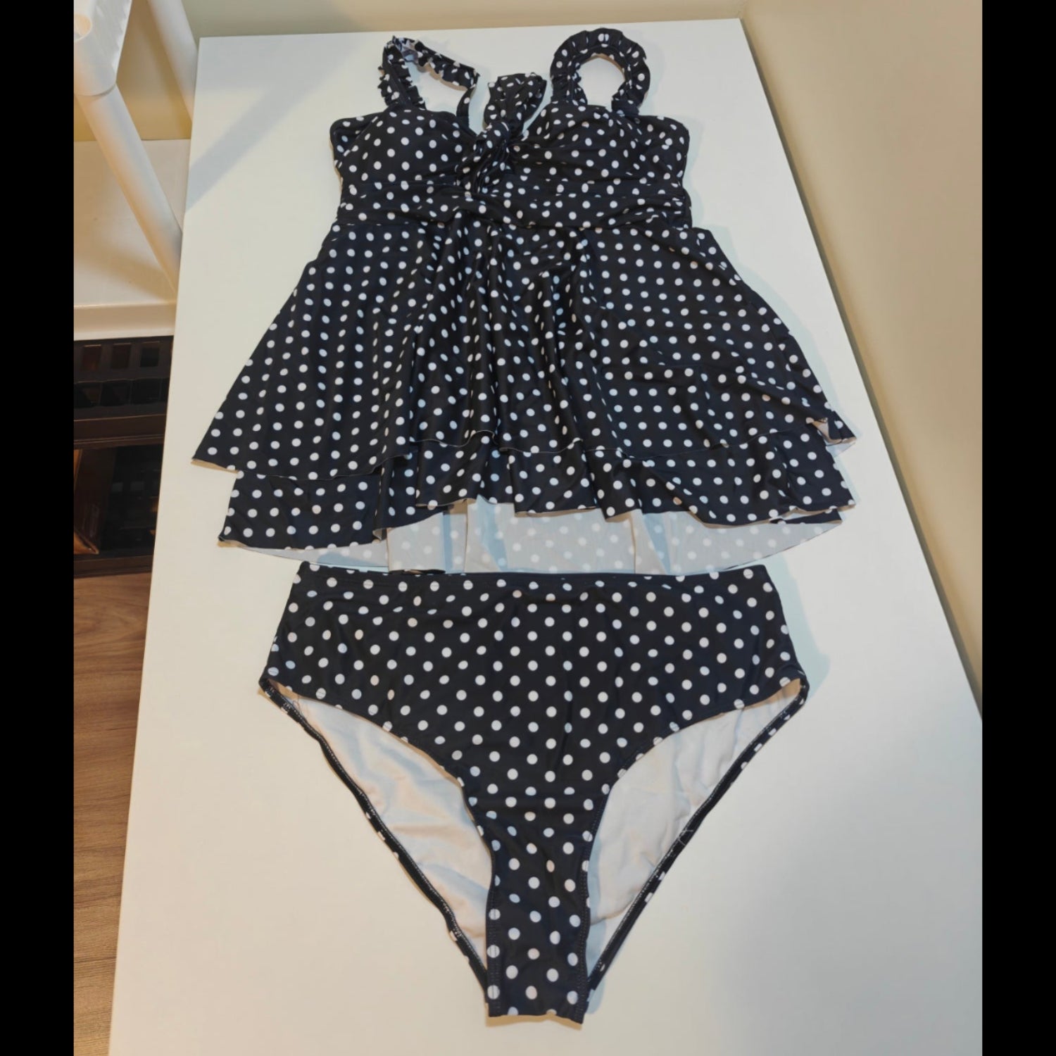 C56 - Swim Mod Plus Size Women's 2-Piece Black Polka Dot Ruched Ruffled Bikini High Waist Skirt Swimsuit, Summer, Beach Holiday Modest Separate