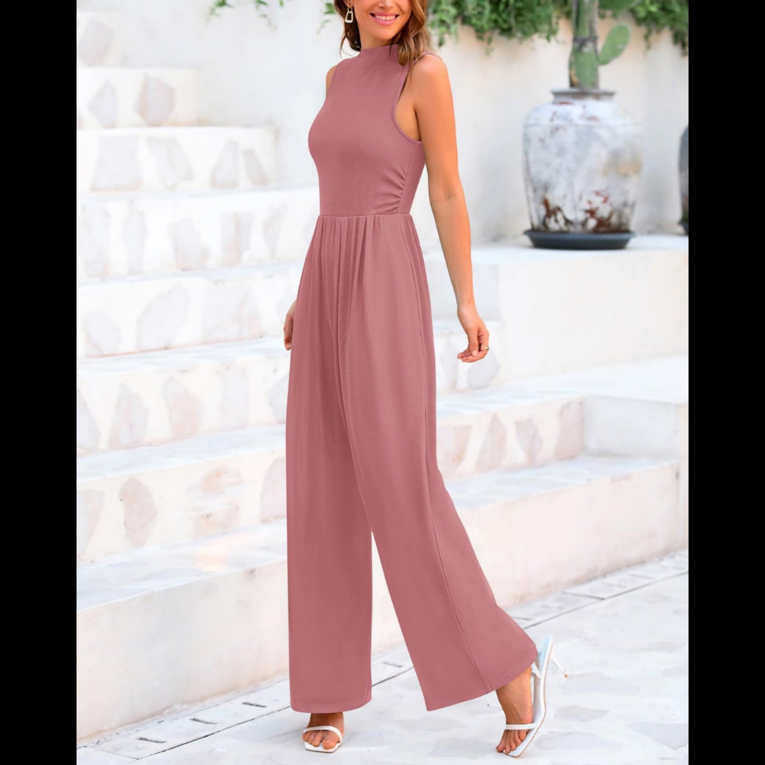 C5 - BTFBM One Piece Jumpsuits For Women Dressy Casual Summer Outfits Sleeveless Mock Neck Wide Leg Pants Rompers With Pocket