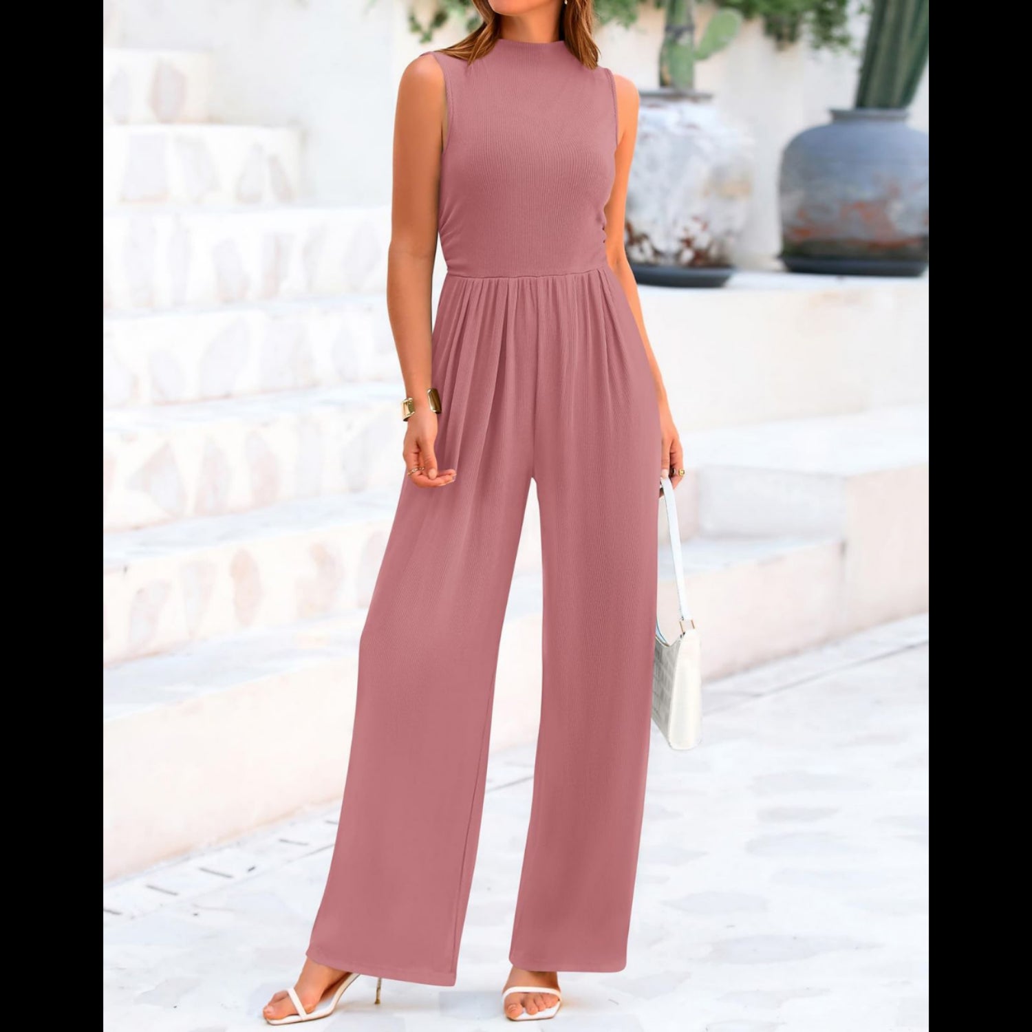 C5 - BTFBM One Piece Jumpsuits For Women Dressy Casual Summer Outfits Sleeveless Mock Neck Wide Leg Pants Rompers With Pocket