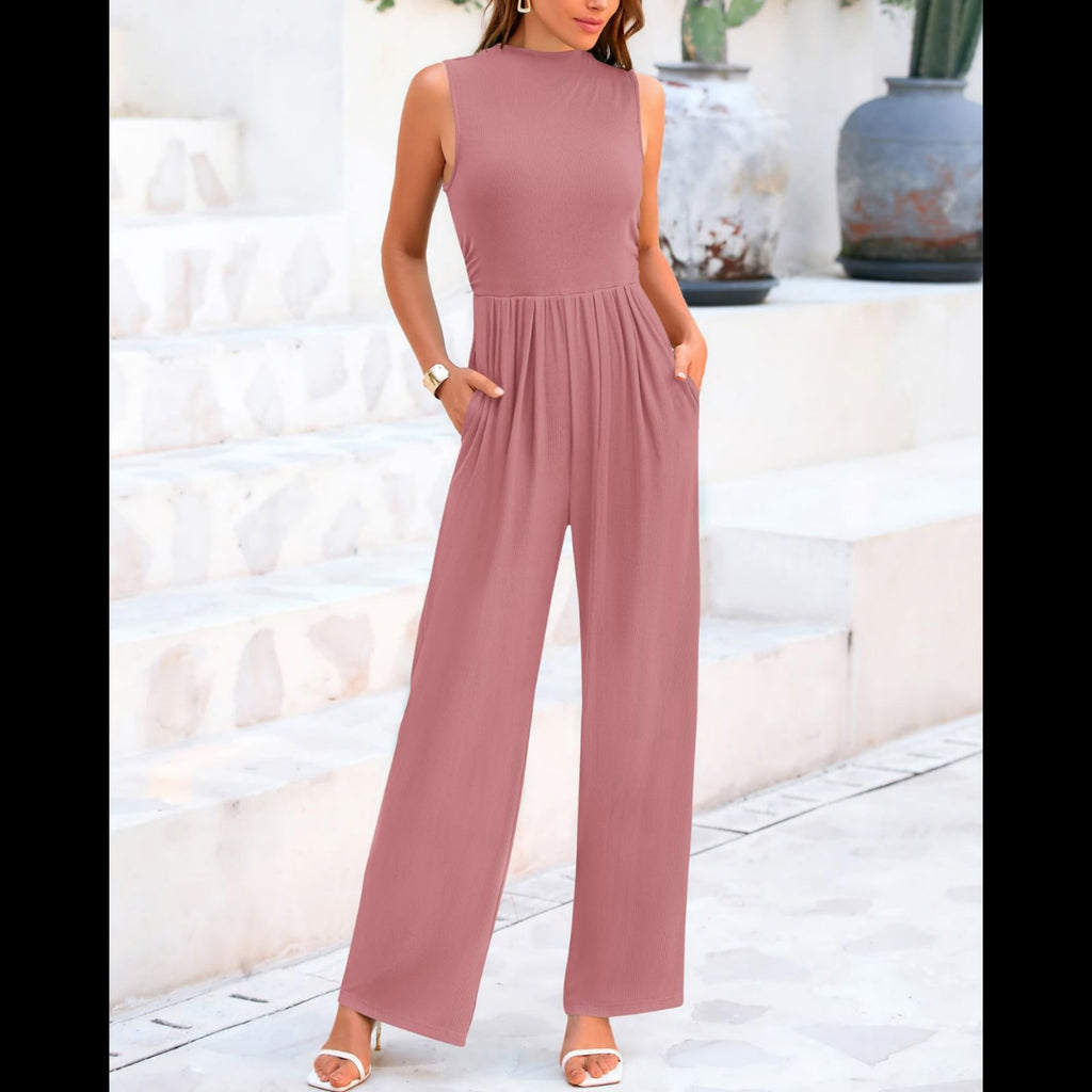 C5 - BTFBM One Piece Jumpsuits For Women Dressy Casual Summer Outfits Sleeveless Mock Neck Wide Leg Pants Rompers With Pocket