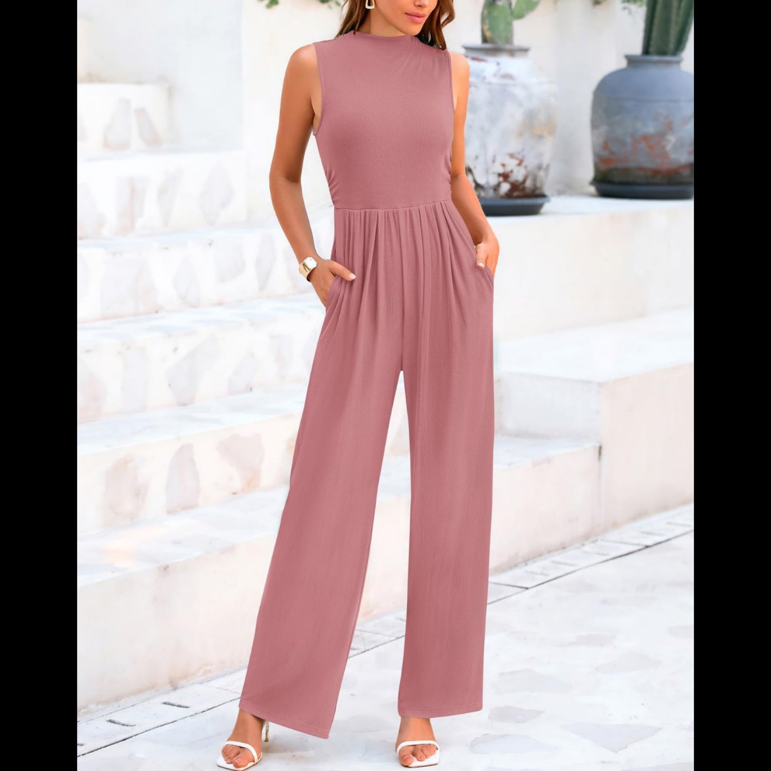C5 - BTFBM One Piece Jumpsuits For Women Dressy Casual Summer Outfits Sleeveless Mock Neck Wide Leg Pants Rompers With Pocket