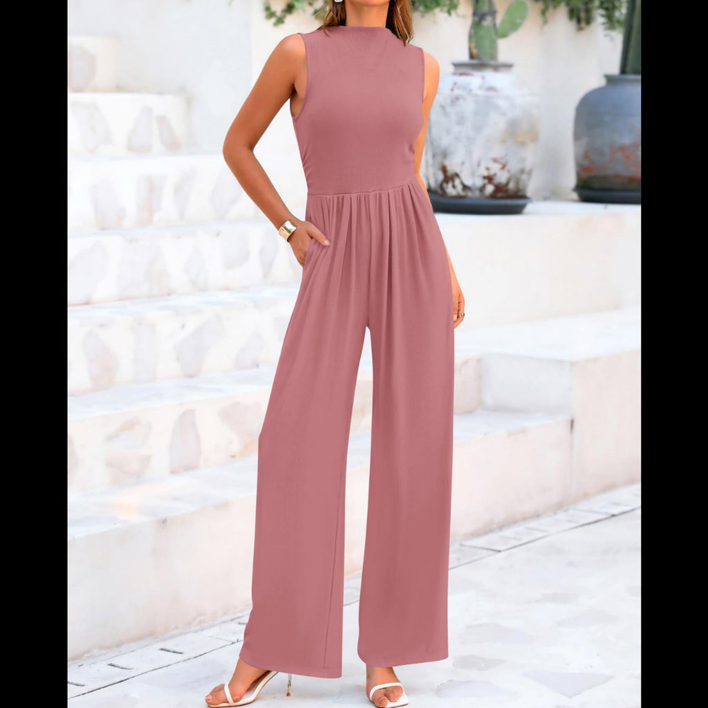 C5 - BTFBM One Piece Jumpsuits For Women Dressy Casual Summer Outfits Sleeveless Mock Neck Wide Leg Pants Rompers With Pocket