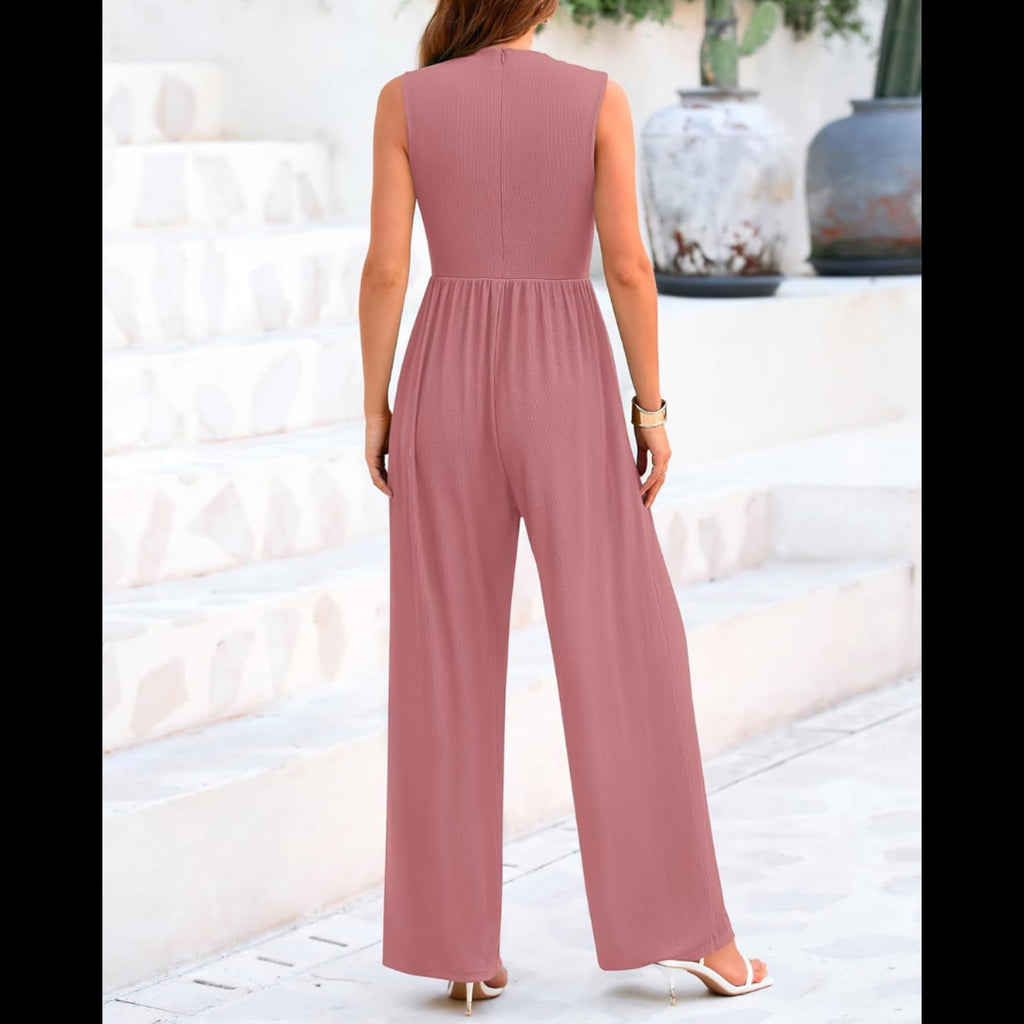 C5 - BTFBM One Piece Jumpsuits For Women Dressy Casual Summer Outfits Sleeveless Mock Neck Wide Leg Pants Rompers With Pocket
