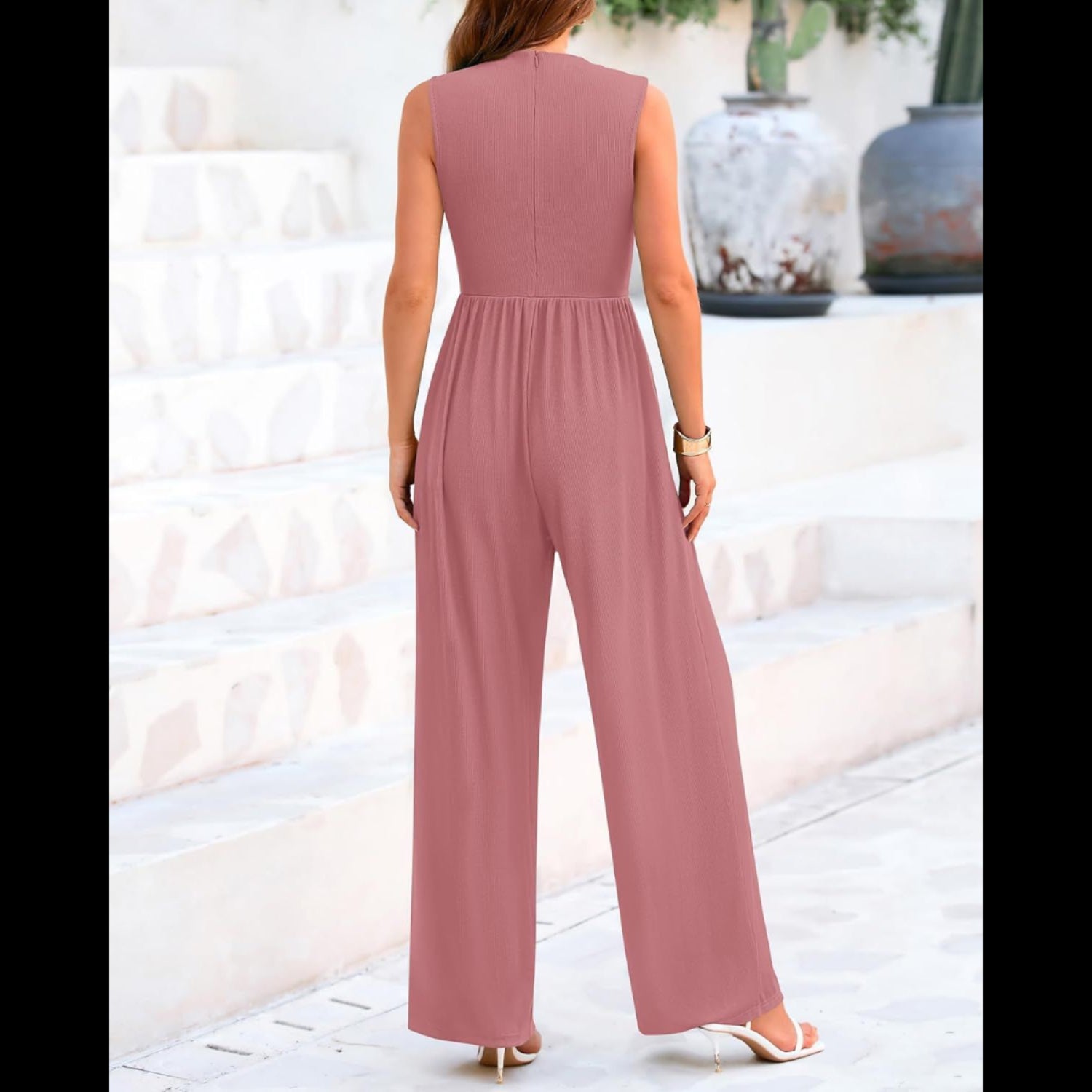 C5 - BTFBM One Piece Jumpsuits For Women Dressy Casual Summer Outfits Sleeveless Mock Neck Wide Leg Pants Rompers With Pocket